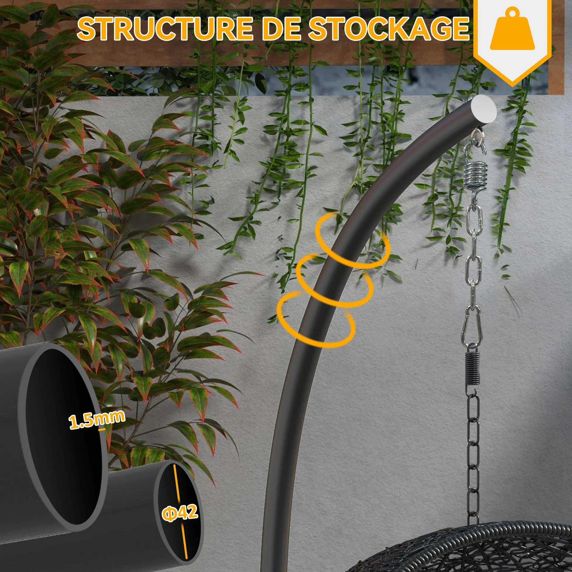 Outsunny Support Fauteuil Suspendu Base Ronde Métal 150 kg Ø102x195 cm Noir