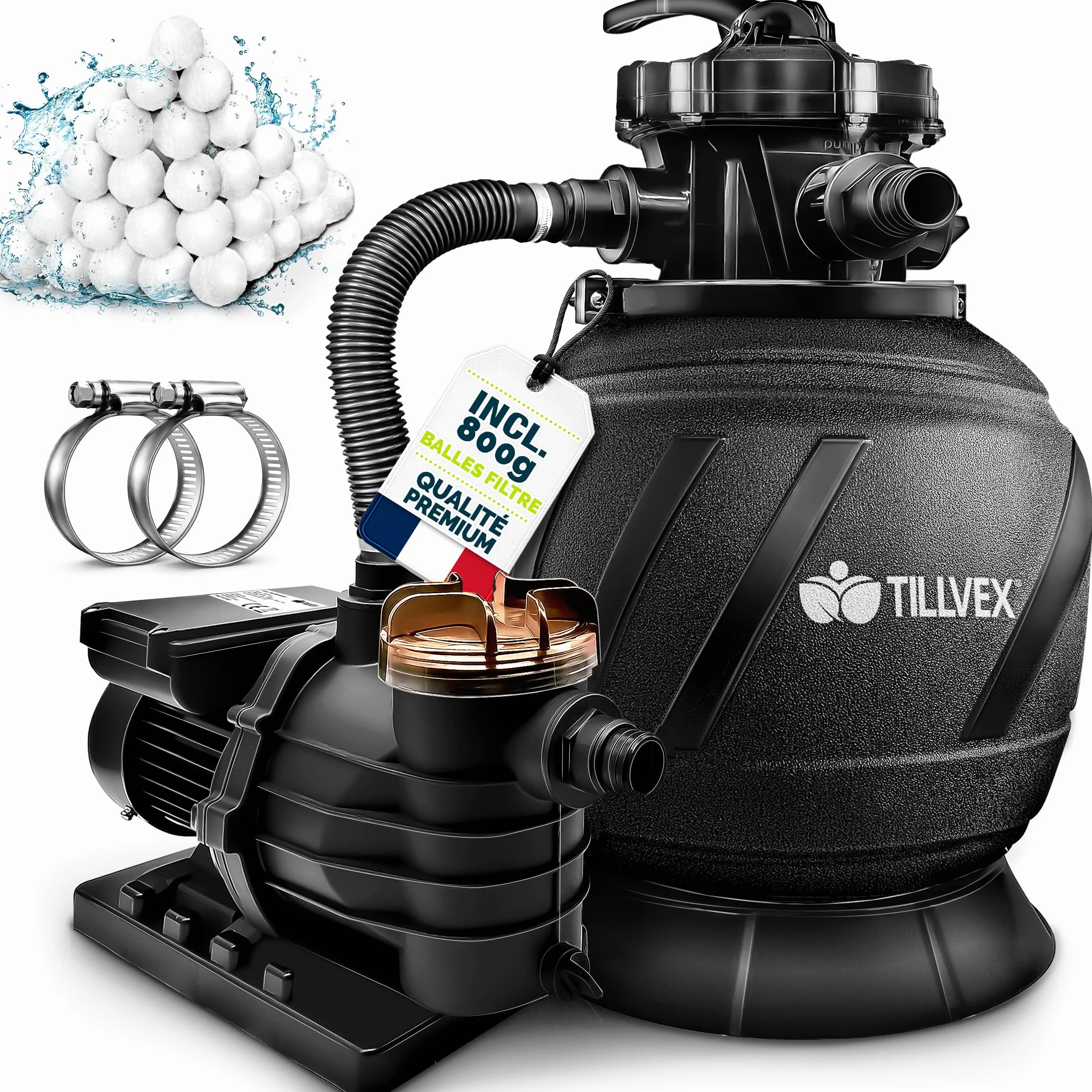 Tillvex Système de Filtre à Sable 10m³/h 800g Boules de Filtre 7 Fonctions Filtre de Piscine avec Indicateur de Pression AquaBlack Pro