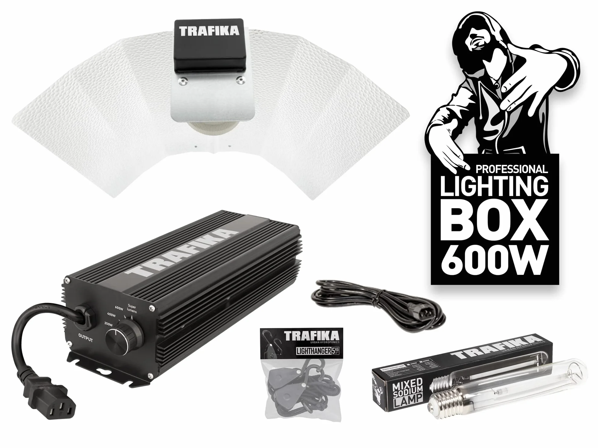 TRAFIKA KIT LUMINAIRE CULTURE BALLAST NUMÉRIQUE 600W: BALLAST NUMÉRIQUE 600W + AMPOULE + 4M CÂBLE + POULIES + RÉFLECTEUR/KIT ÉCLAIRAGE/BALLAST ÉLECTRONIQUE