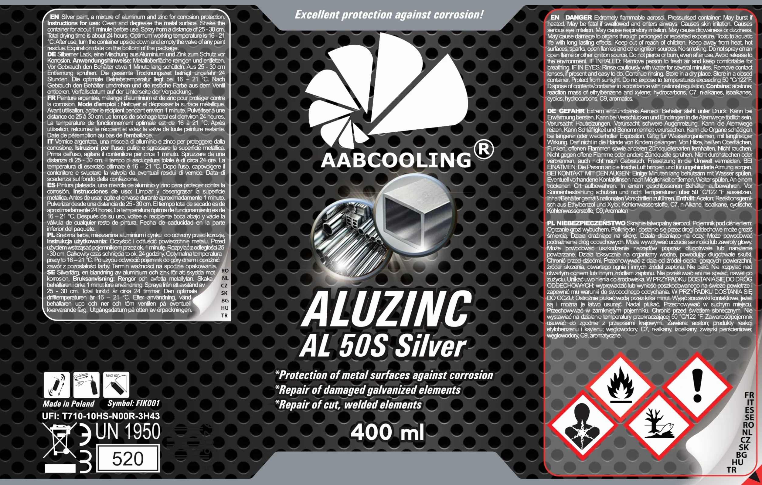 AABCOOLING Aluzinc AL 50S Argent 400ml Spray Bombe Aérosol Apprêt Zinc-Aluminium Anticorrosion Galvanisation à Froid pour Métal
