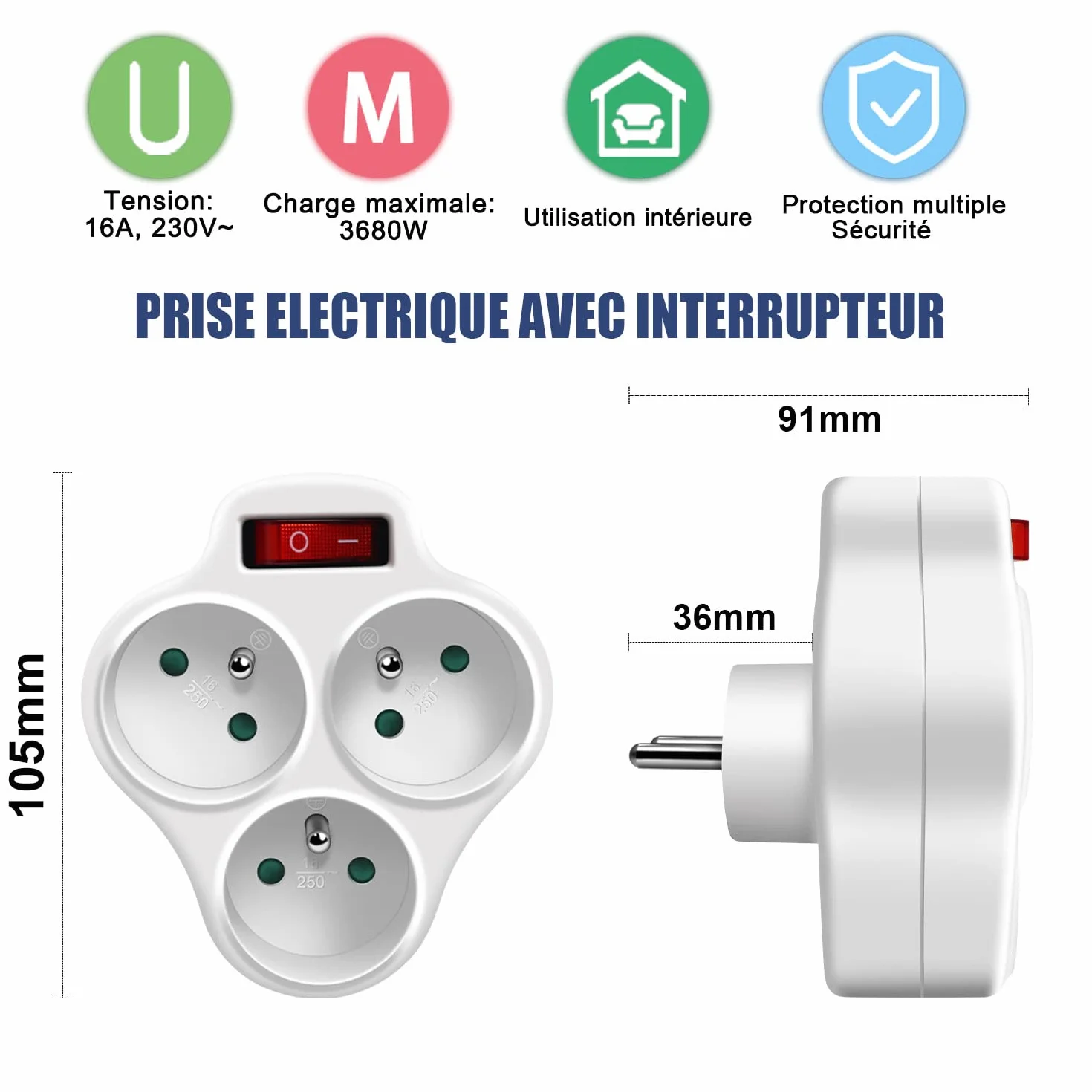 Extrastar Multiprise Murale 3 en 1 avec Interrupteur 16A 230V Blanc