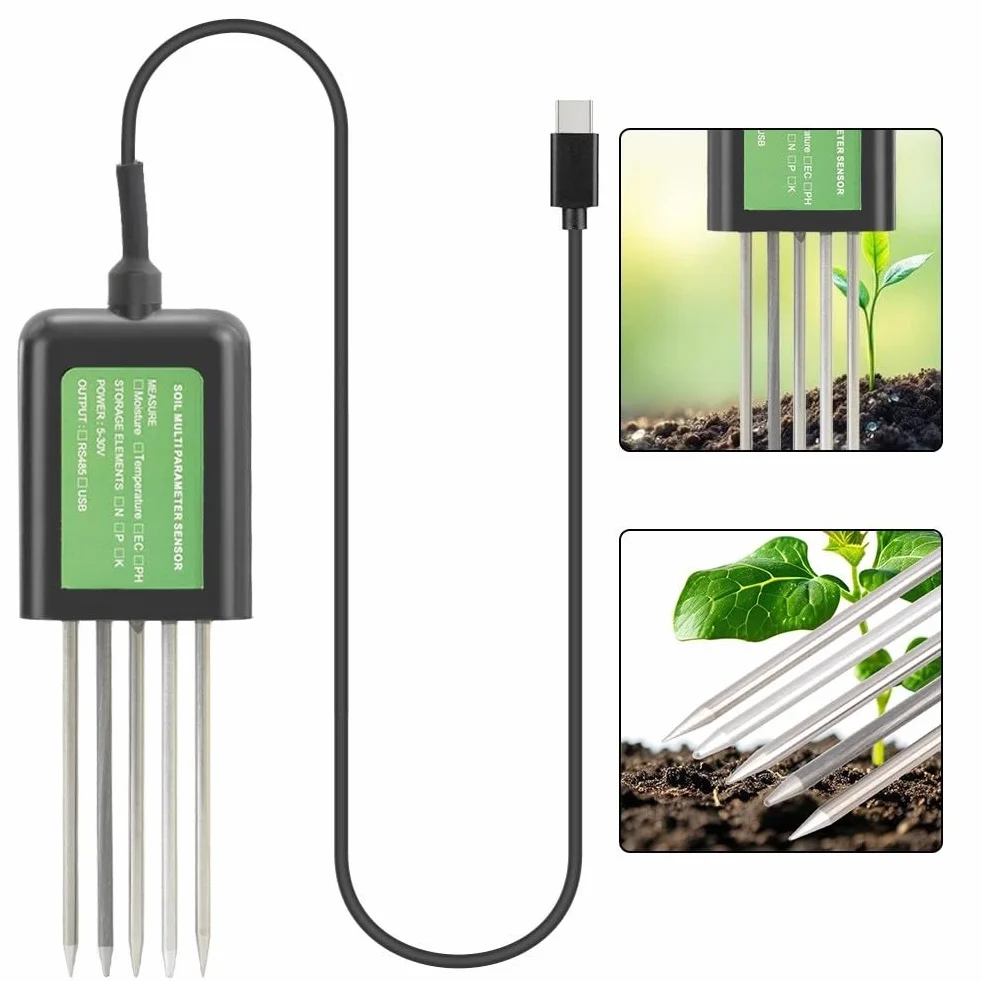 Testeur de sol 7-en-1, mètre d'analyse de sol numérique USB pour la mesure de la température, du pH, du NPK et de l'humidité, compatible avec l'application Android, câble de 1,5 m