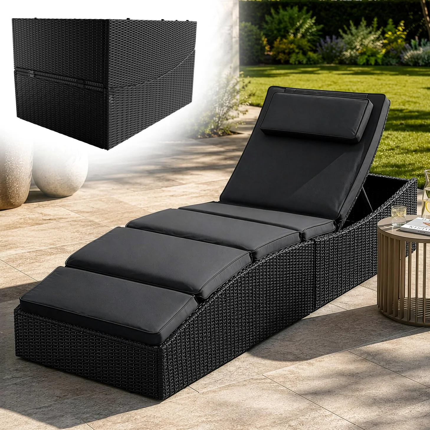 Juskys Chaise Longue de Jardin Lamia Pliante, en polyrotin, avec Support, appuie-tête réglable, Charge maximale de 160 kg - Chaise Longue extérieure de Jardin et Balcon, Noir