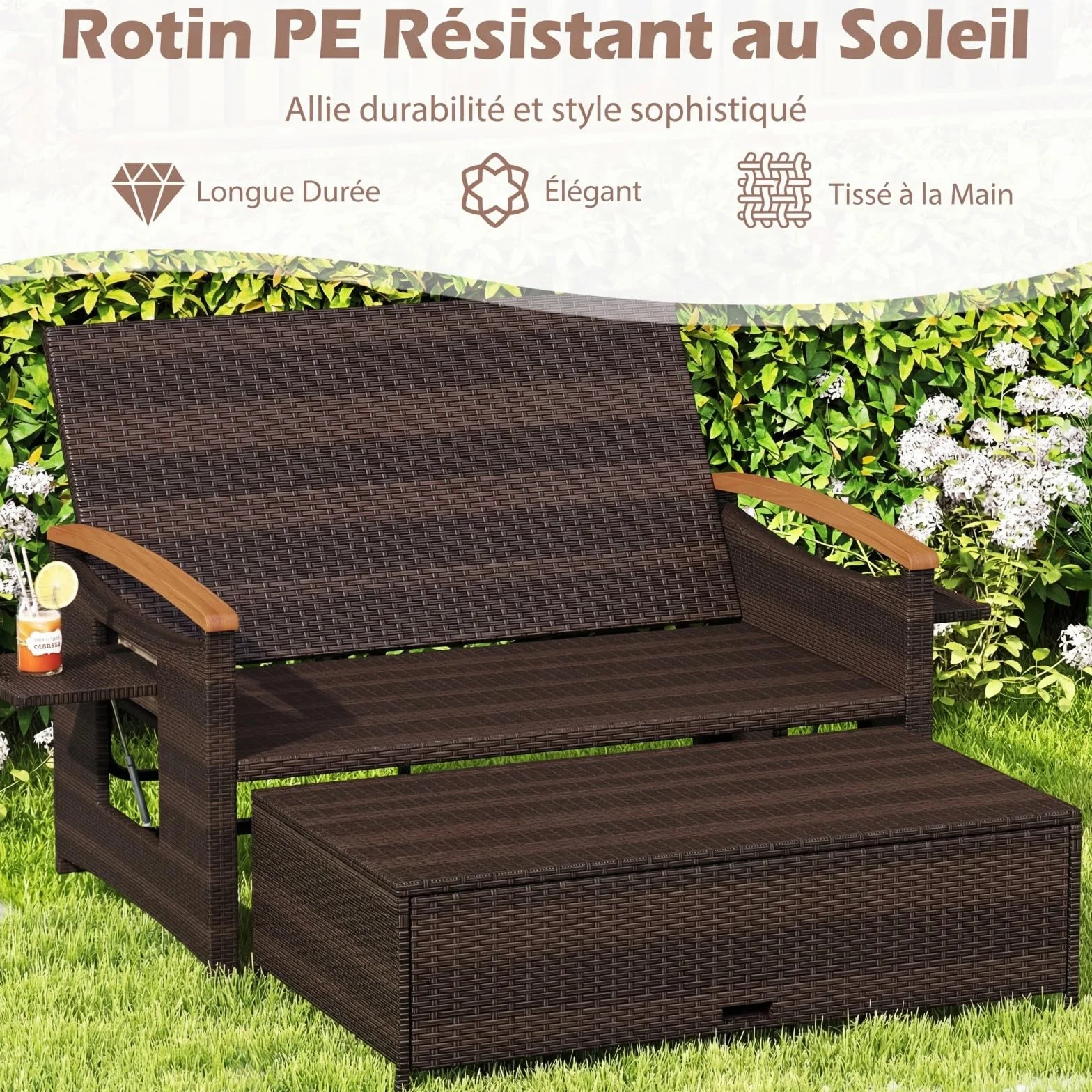 COSTWAY Salon de Jardin en Rotin avec Ottoman de Rangement, Charge 360KG, Bain de Soleil Plateau Latéral Rétractable Dossier Réglable Coussins 4 Positions, Canapé 2 Places Beige