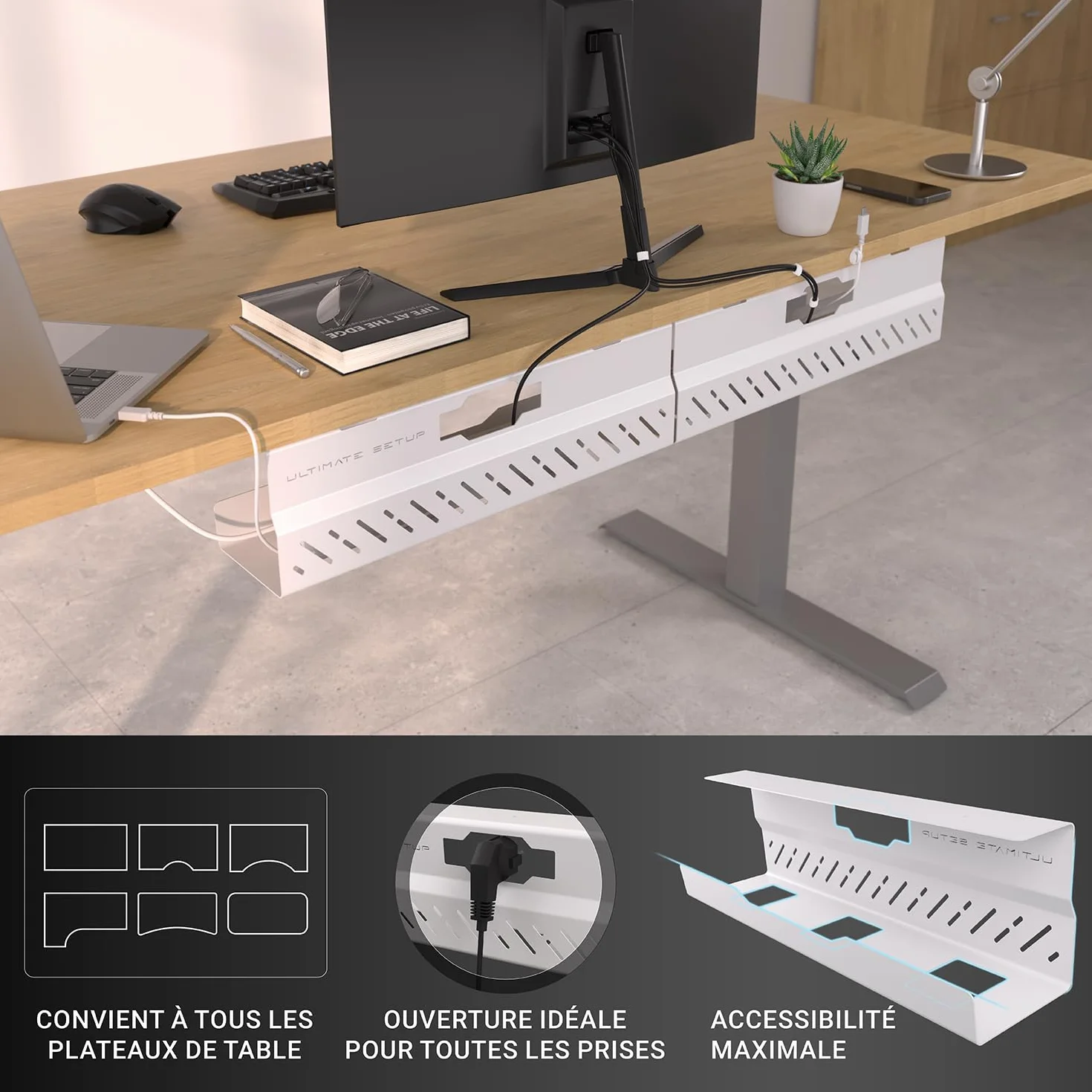 Cable Management Bureau sans percer - Chemin de Câble Flexible Grande Capacité Blanc Lot de 2
