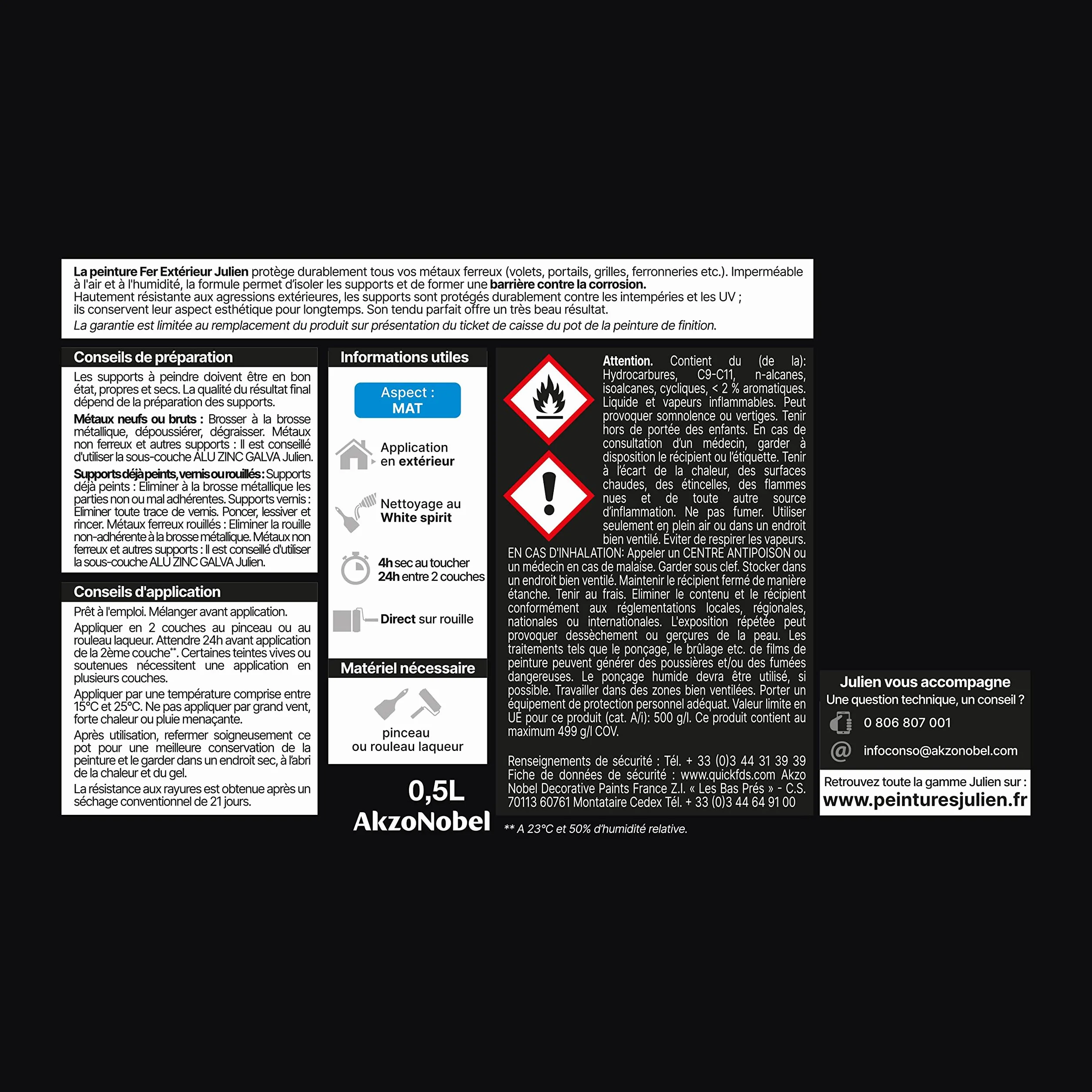 Julien Peinture Fer Anti-Rouille Mat Noir 0,5 L