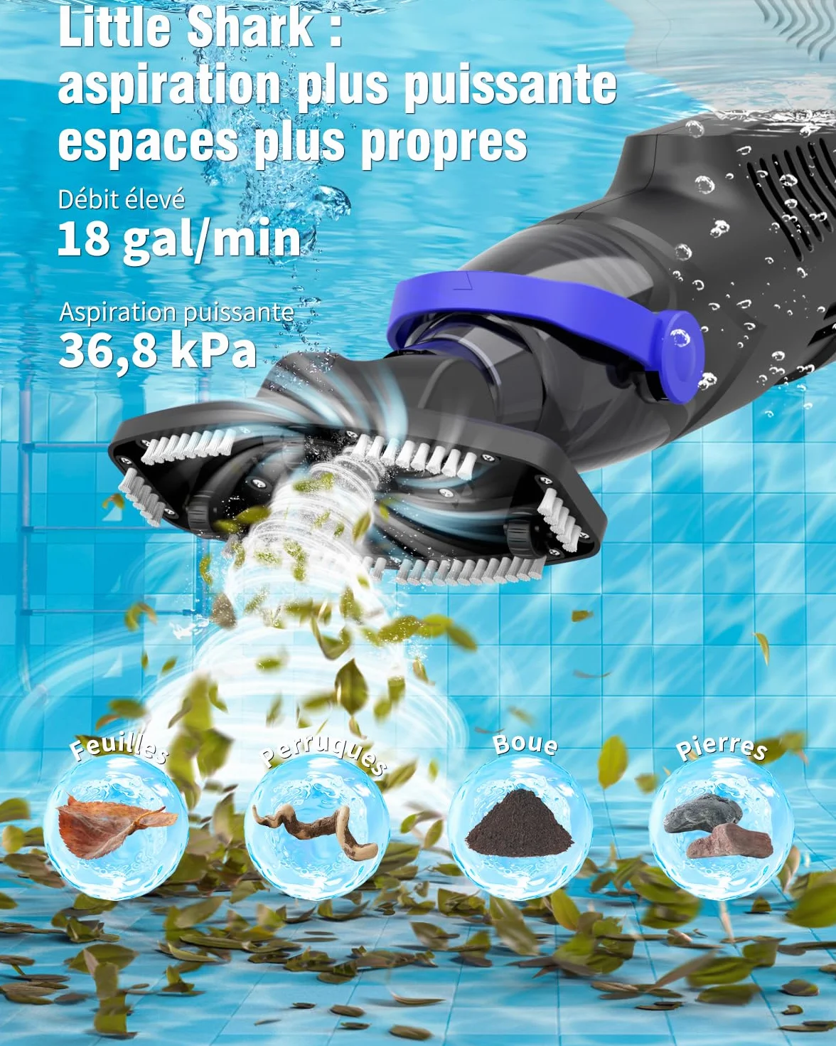 Little Shark Aspirateur de Piscine Hors Sol 60 W 5000 mAh Compact Léger Noir
