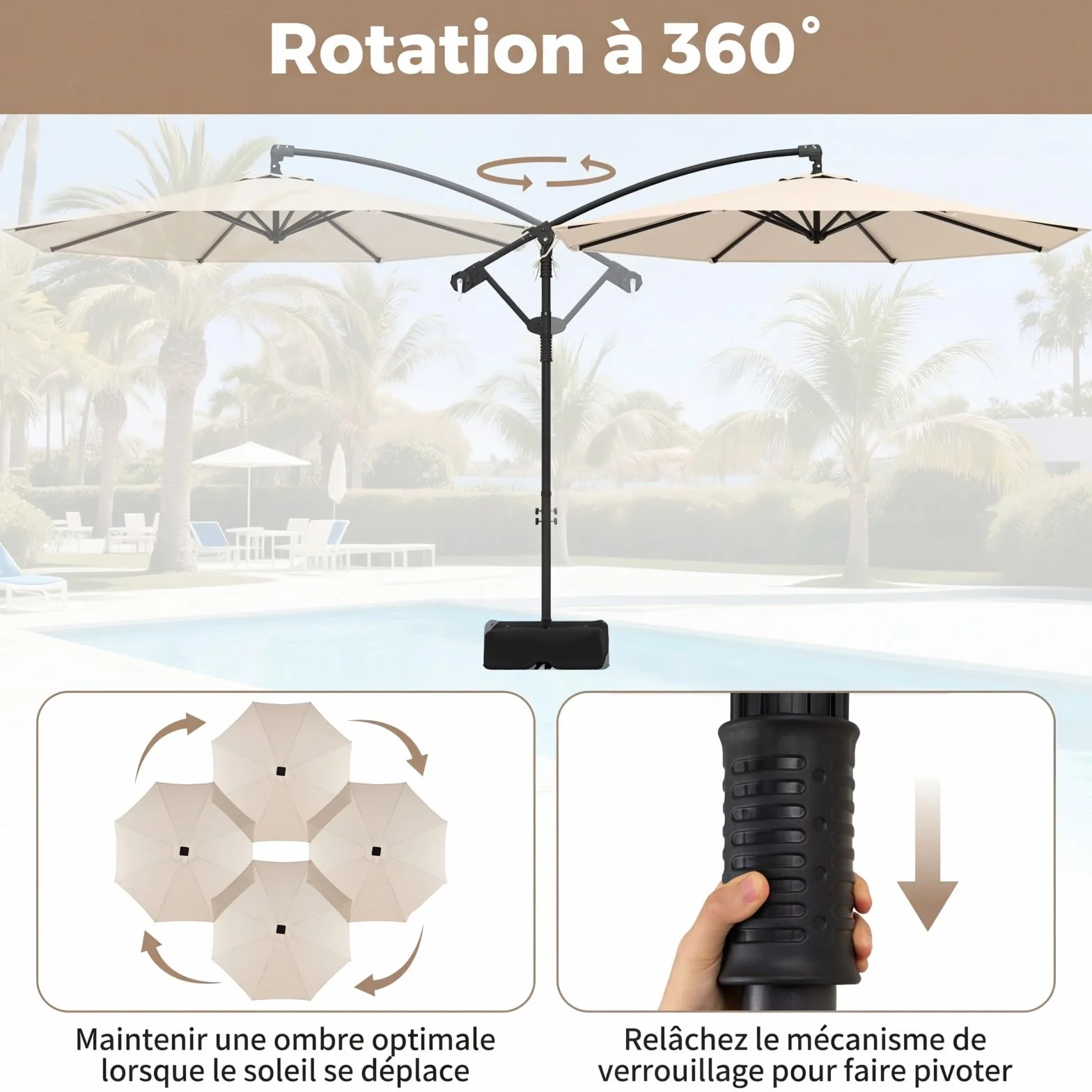 COSTWAY Parasol Déporté 3 x 3M, Parasol de Jardin Extérieur avec Pied, Rotation 360°, Anti-UV, 8 Baleines, Beige