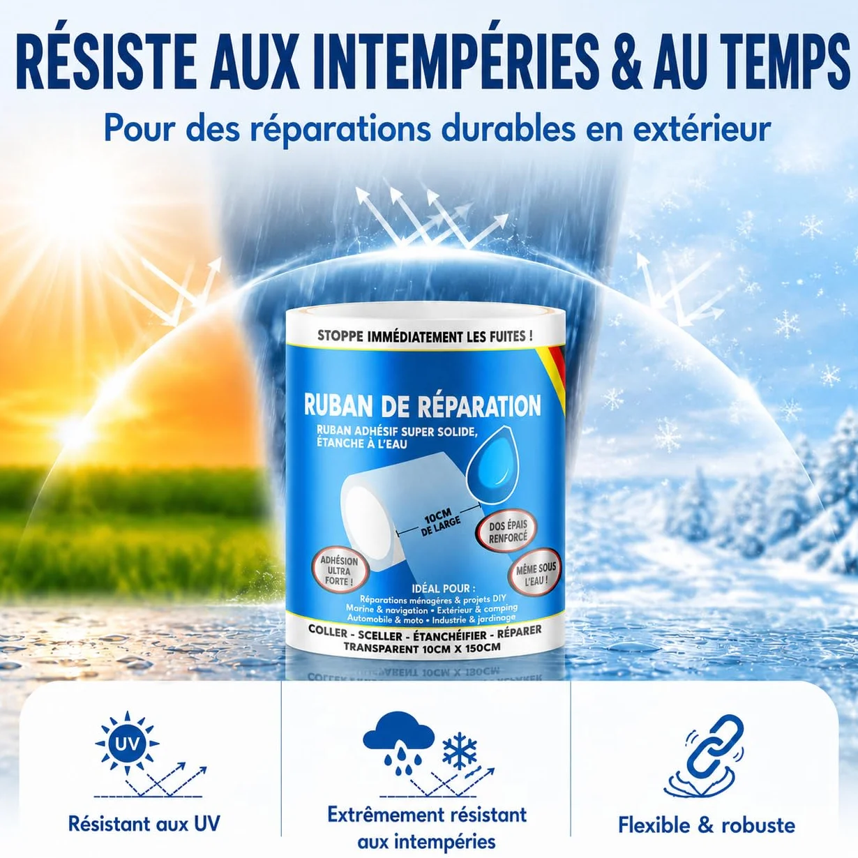 ATG® Kit réparation piscine sous l’eau – scotch étanche transparent 10×150 cm, ruban adhésif PVC