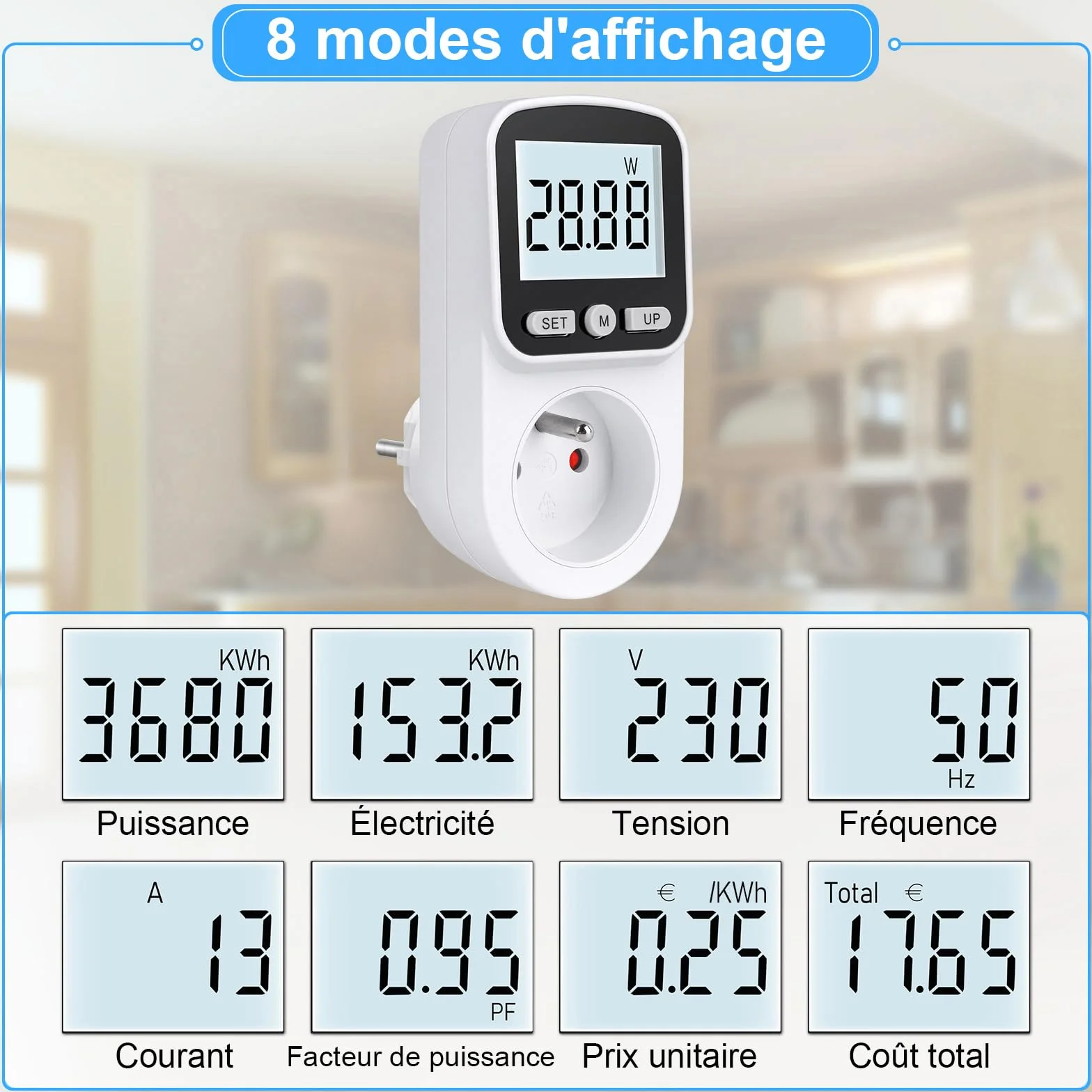 Wattmètre Prise Consommation Electrique, Compteur d'Énergie LCD 3680W Protection Surcharge
