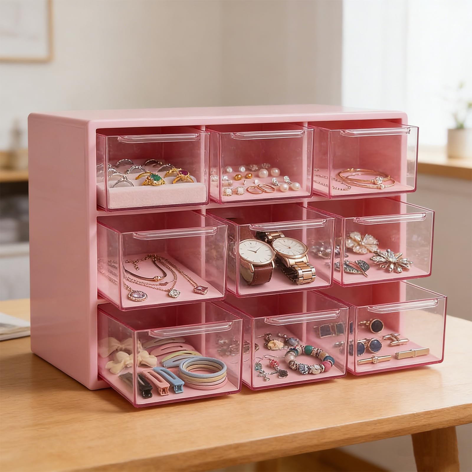 Pink Clear 9-Compartment Desk & Drawer Organizer