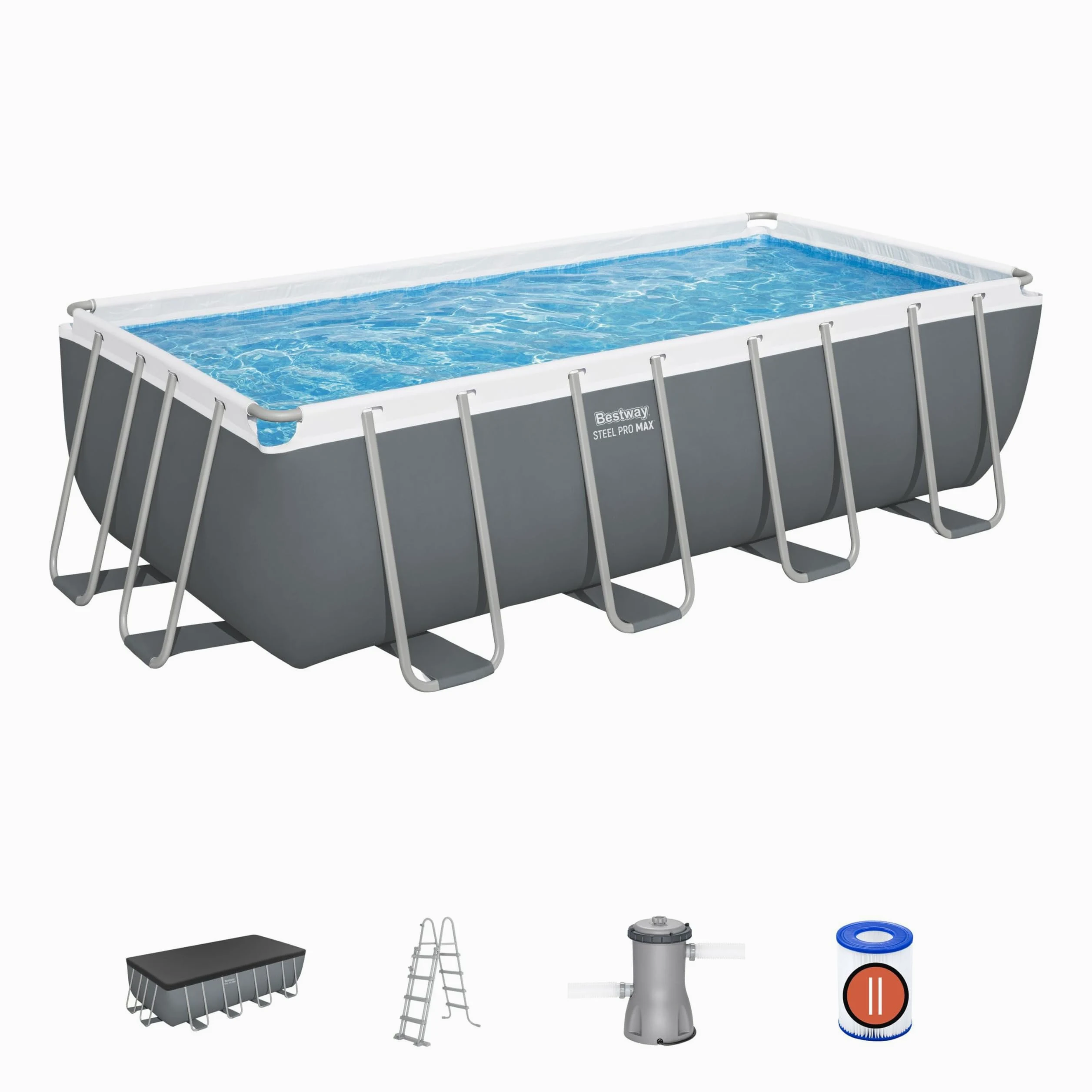 Bestway - Piscine Hors Sol Steel Pro Max, Filtre à Cartouche, bâche, échelle - 488 cm x 244 cm x 122 cm - Gris foncé