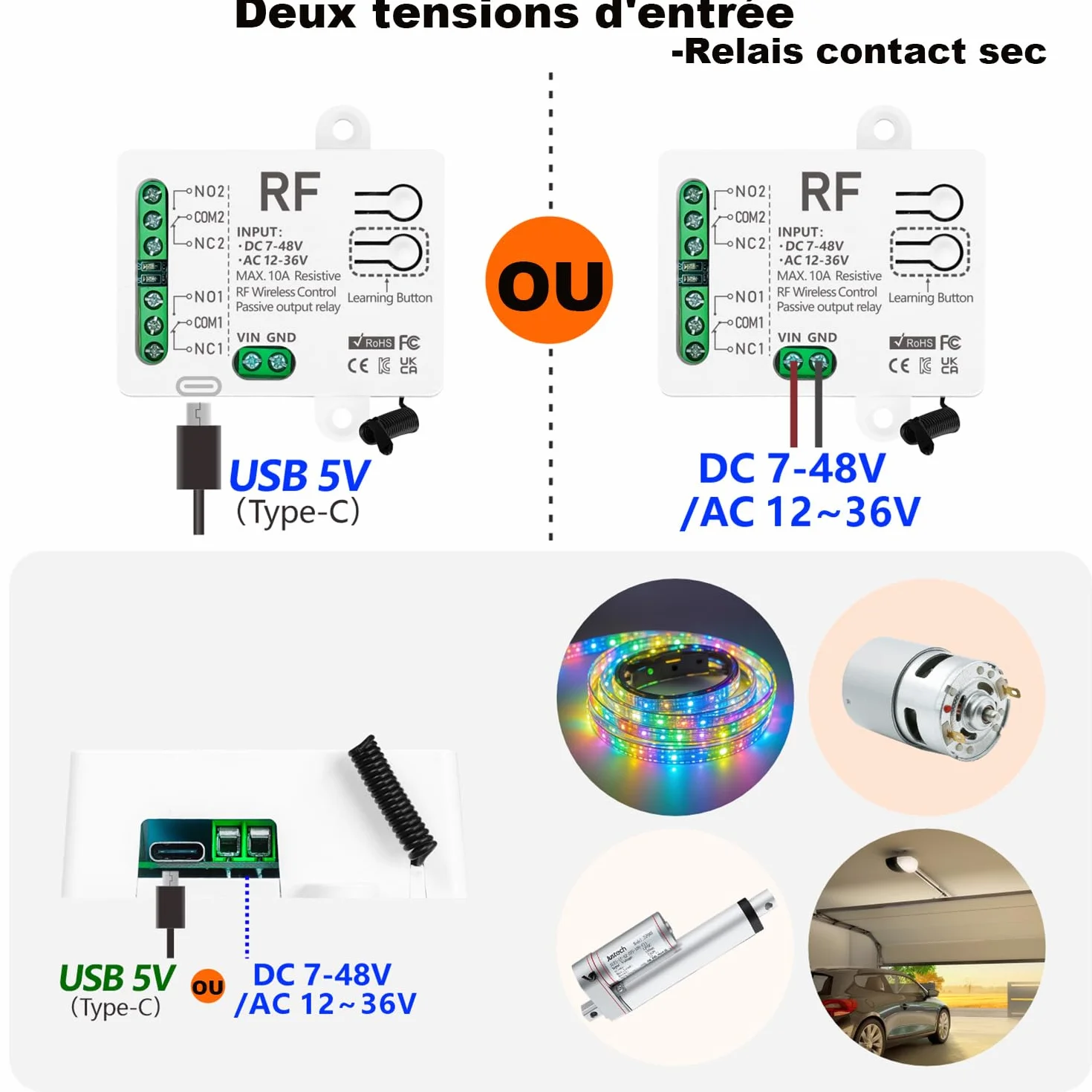 433MHz Commutateur Sans Fil 2 Canaux DC 7-48V AC 12-36V 10A Relais Récepteur avec 2 Émetteurs