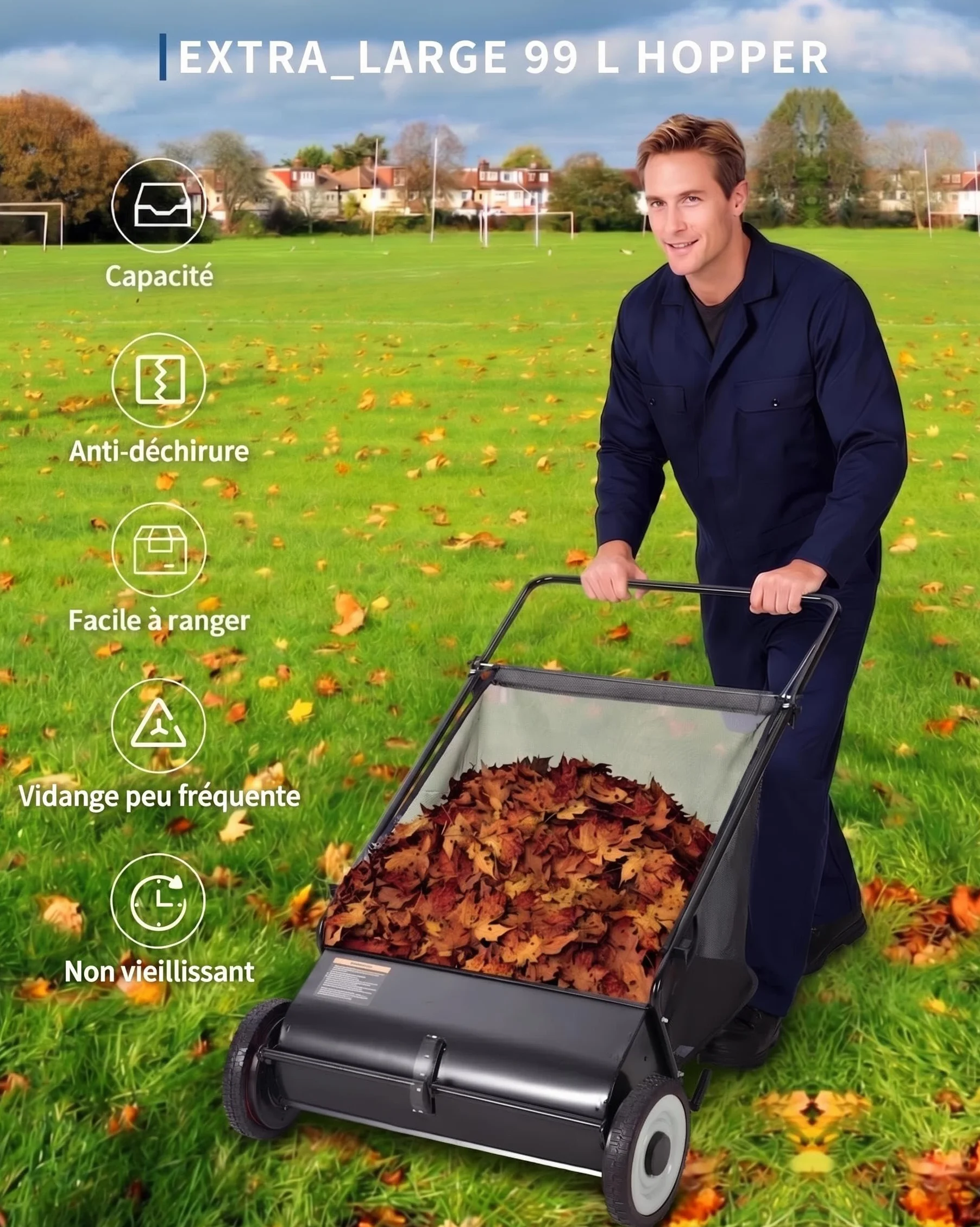 Balayeuse de pelouse poussable 53 cm Garvee – Sac 99 L, 4 brosses rotatives, Hauteur réglable, Cadre en acier, Roues en caoutchouc, Noir