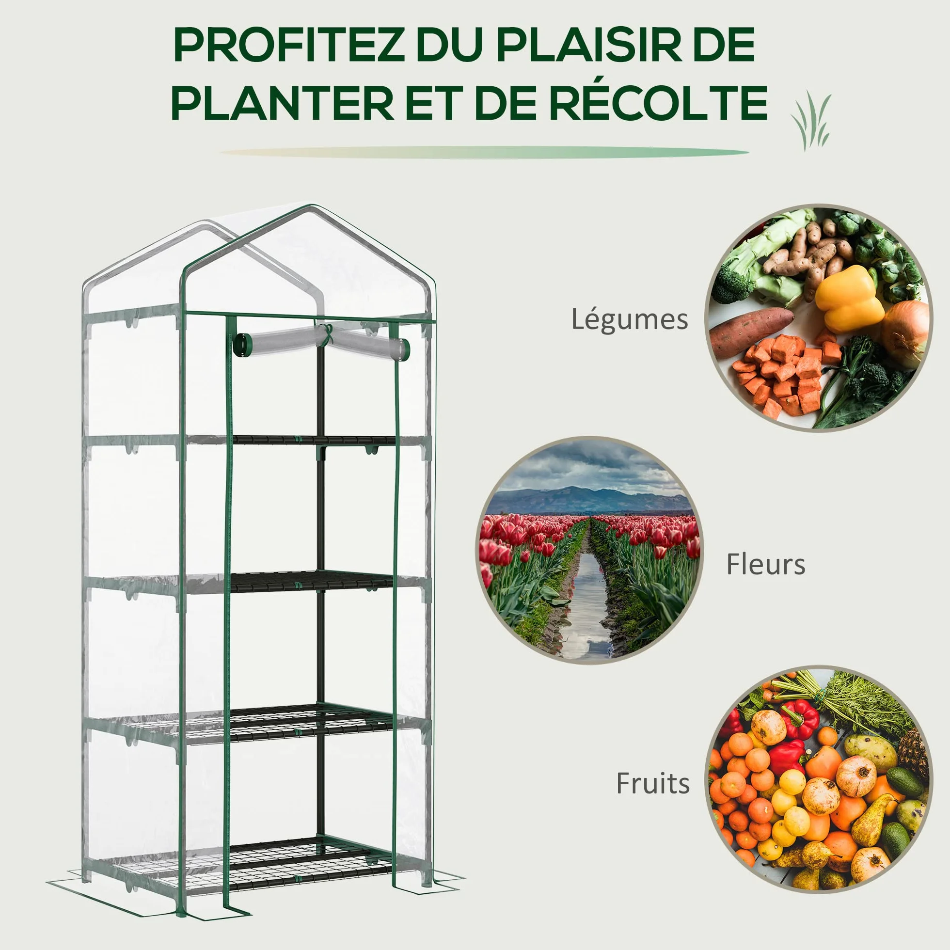 Outsunny Serre de Jardin PVC avec Étagères 4 Niveaux, Serre de Balcon, Bâche Renforcée 140g/m², Châssis en Acier, Porte Zippée Enroulable, pour Légumes et Plantes, Extérieur, 70x50x160cm, Transparente