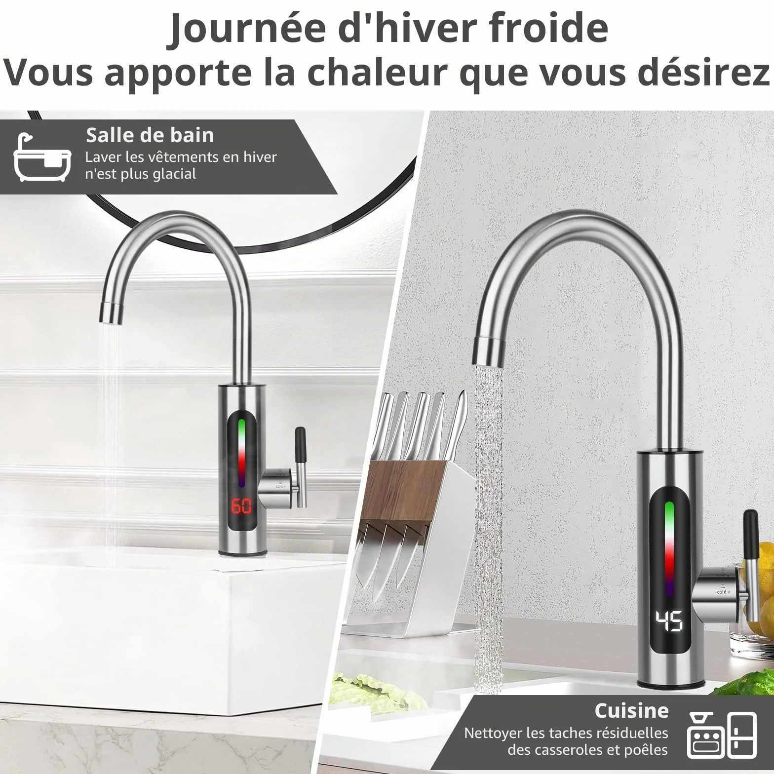 Robinet d'eau Chaude et Froide en Acier Inoxydable avec Affichage LED et Chauffe-eau Instantané, Rotatif à 360°