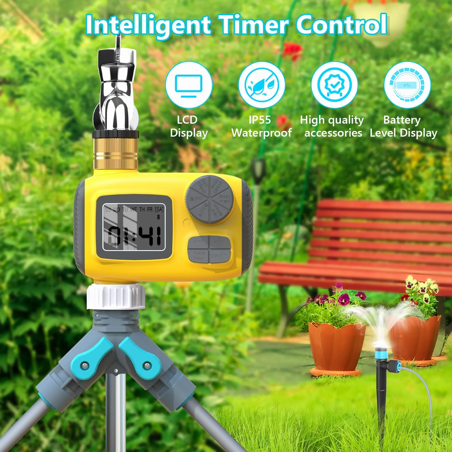 Kit d'irrigation goutte à goutte automatique 30 m avec programmateur TRJZWA 3 programmes, 3 types de goutteurs pour jardin