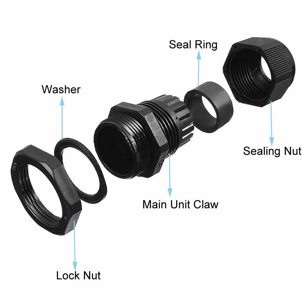 Presse-Étoupes PG11 Nylon 25Pcs Réglables 5-10mm IP68 Étanches Noir