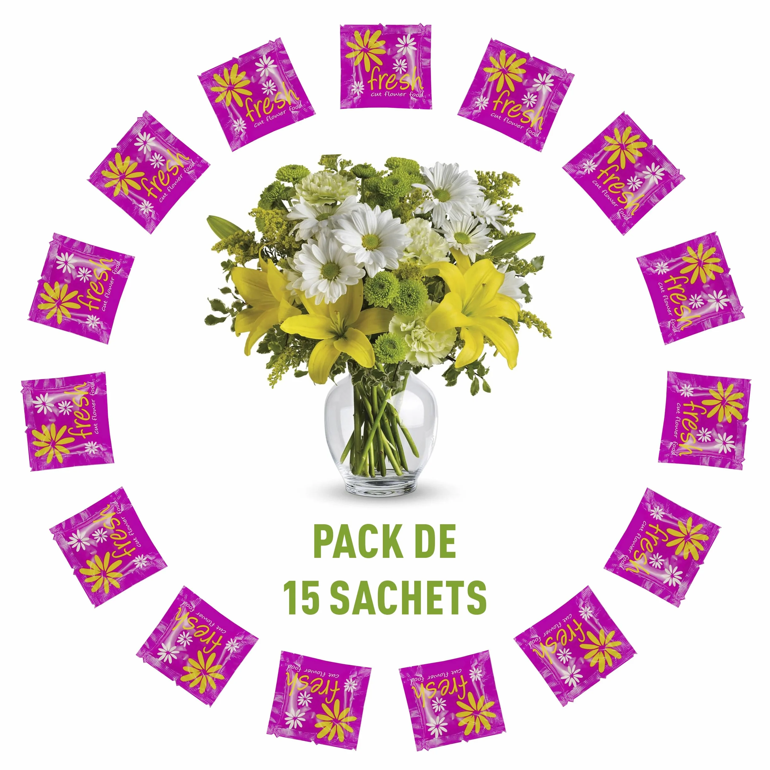 Paquet de 15 conservateurs de fleurs coupées, nutriment pour fleurs coupées fraîches, 15 paquets de conservateur total, 7,5 l de conservateur liquide
