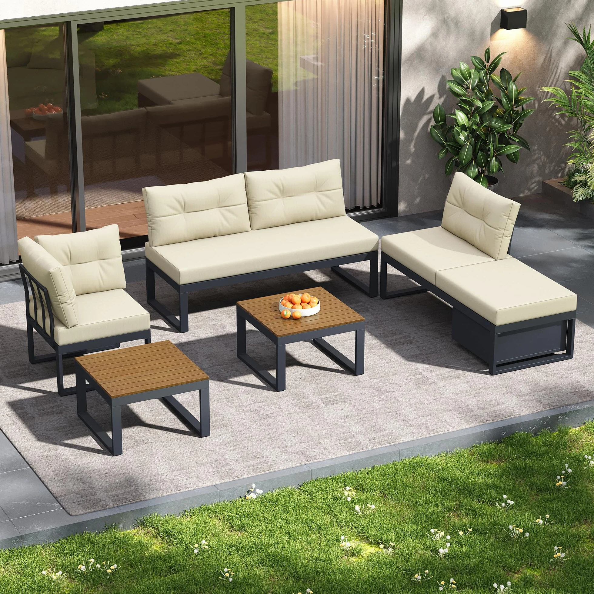 Sapgaks Salon de Jardin pour 6 Personnes,Ensemble de canapés de extérieur avec Dossier réglable sur 3 Niveaux,Canapé d'angle de Jardin avec Table,Espace de Rangement et Fonction d'inclinaison,Beige