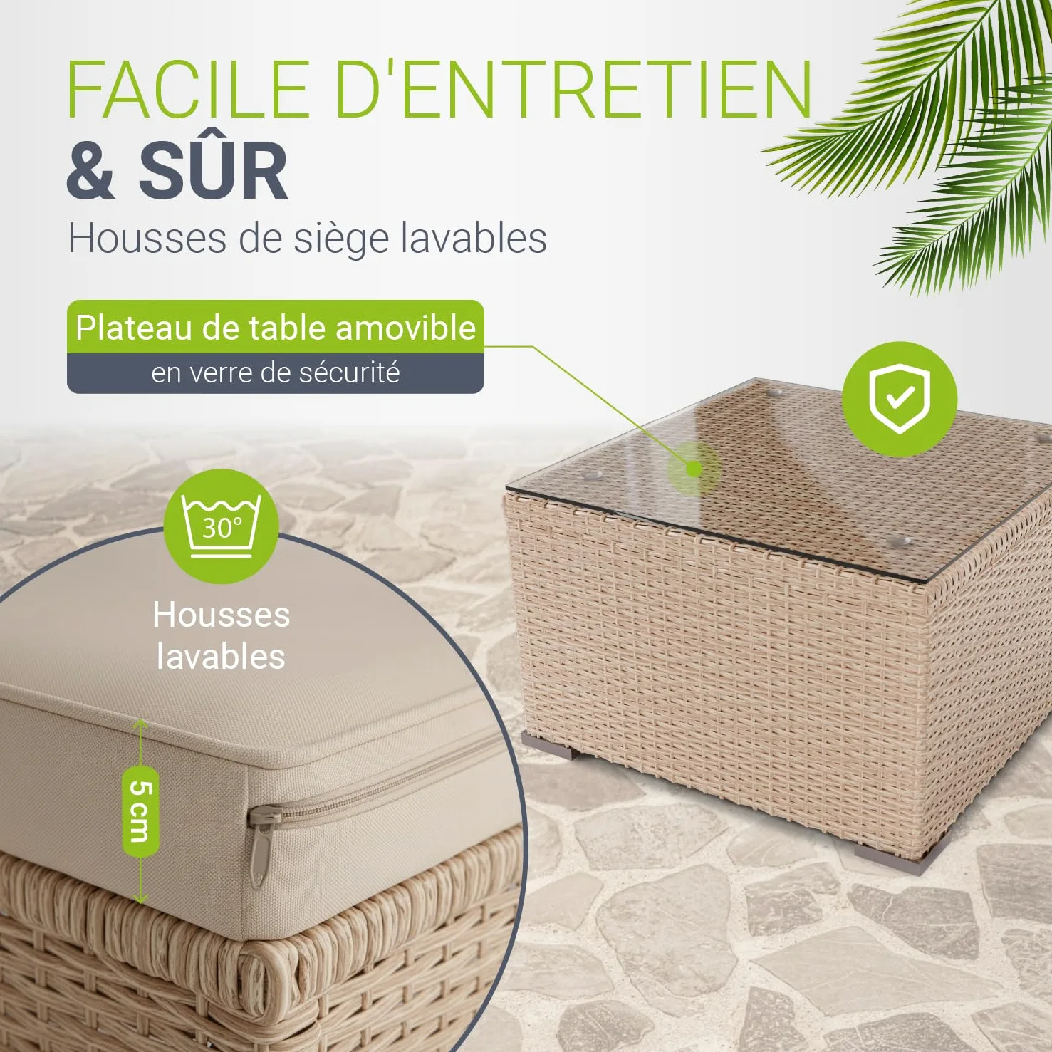 Juskys Salon de Jardin en polyrotin Lounge Punta Cana M, résistant aux intempéries - avec canapé, Tabouret, Table & Coussins - 3-4 Personnes - Crème/Sable