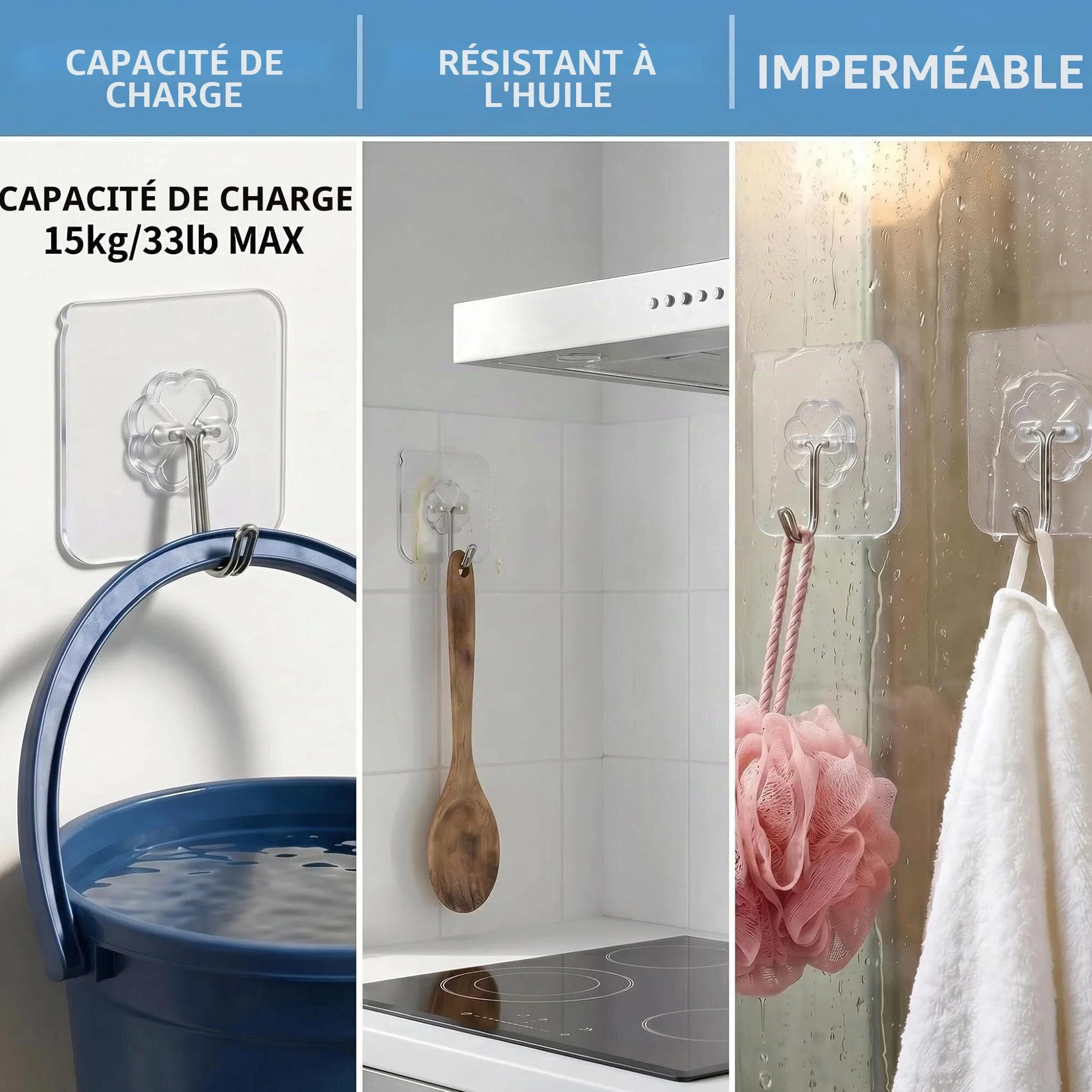 Crochets Adhésifs Transparents sans Percer 15kg Max Étanches Eau/Huile Salle de Bain Cuisine 10 Pièces