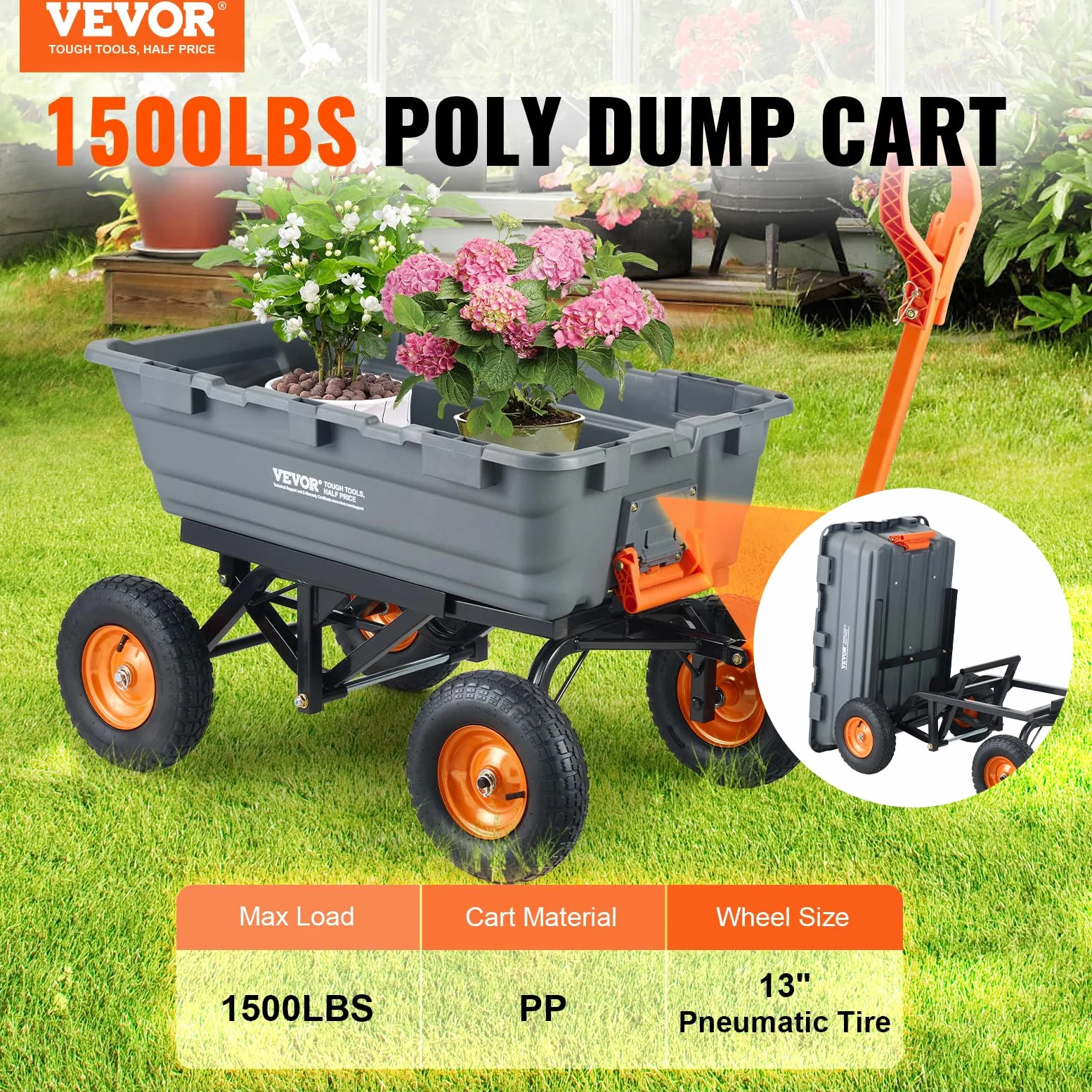 VEVOR Chariot à Benne basculante, capacité de Charge 680 kg​, Chariot de Jardin en polyéthylène Robuste avec Cadre en Acier, poignée Convertible 2 en 1, Roues 330 mm, brouette Utilitaire pour pelouse