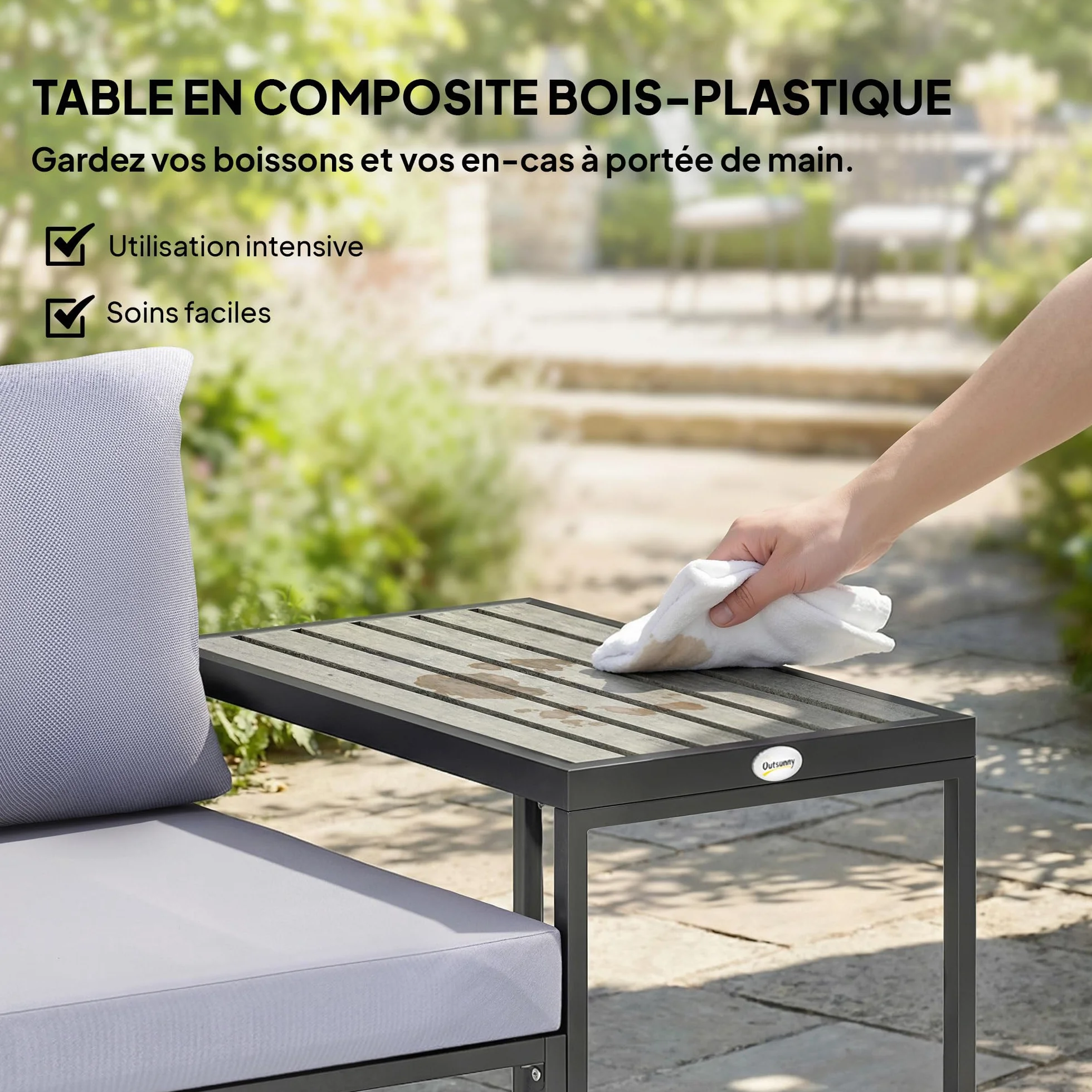 Outsunny Salon de Jardin 3 pièces avec Coussins 14cm, Fauteuils et Table d'appoint, Gris