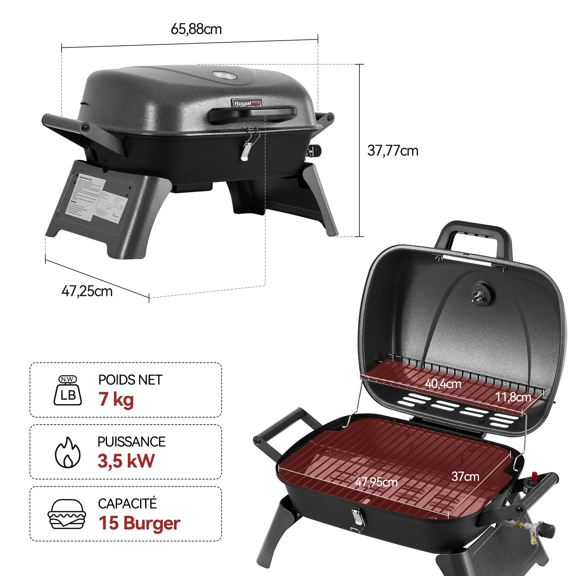 Royal Gourmert Barbecue à gaz Portable de 3,5 KW, Barbecue de Table à gaz avec poignées et Pieds rabattables, Barbecue de Camping pour Le Jardin ou la Terrasse