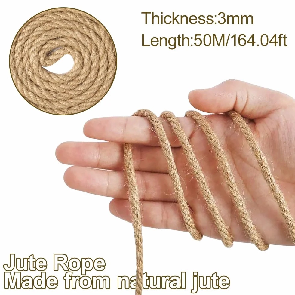 Corde de Jute Naturelle 50m x 3mm, Ficelle Jardinage Robuste 3 Brins Tressés, Sûre pour Griffeur Chat, Bricolage & Décoration Intérieur/Extérieur, Emballage Cadeau & Fleuristerie