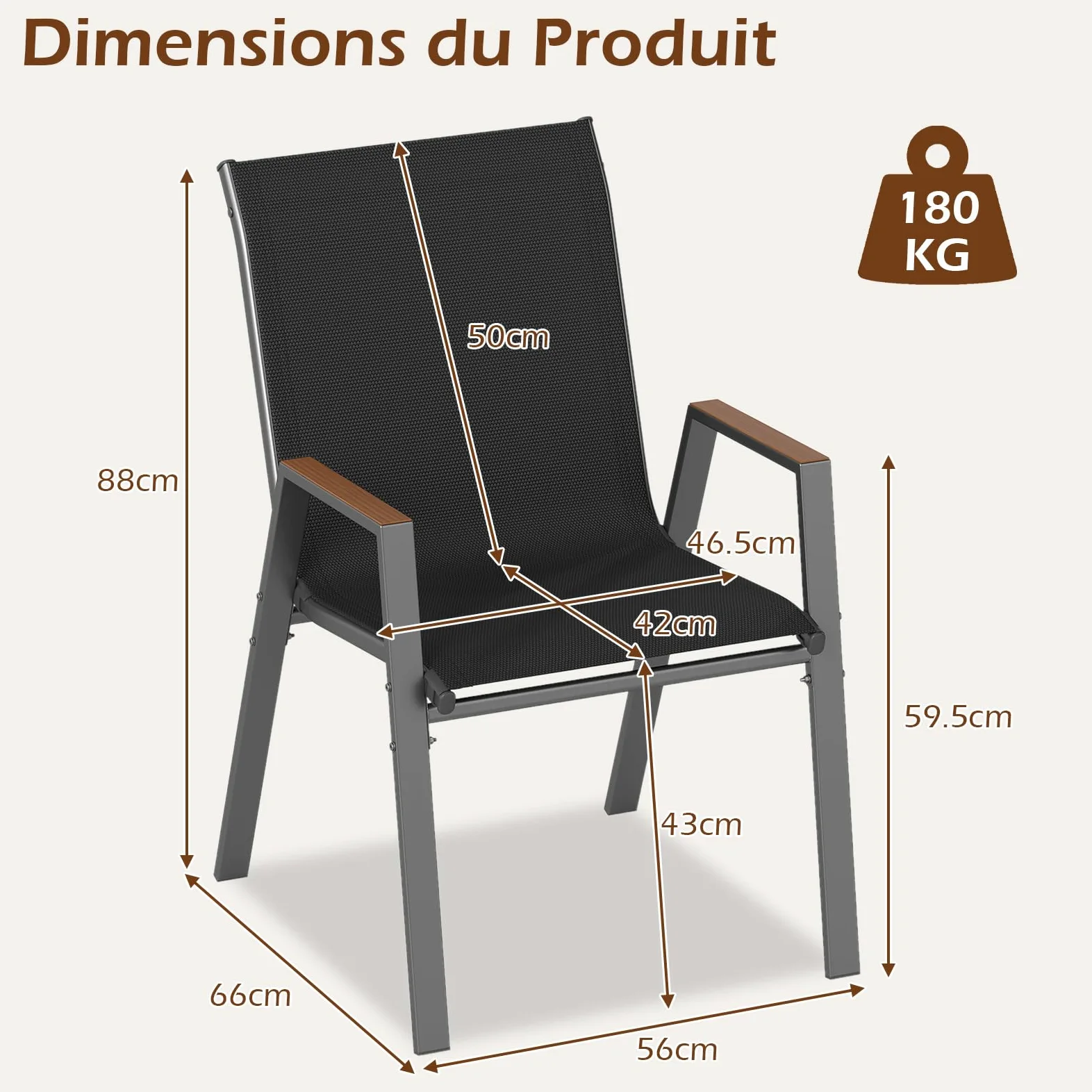 COSTWAY Lot de 2/4 Chaises de Jardin Exterieur, Fauteuils Empilable, Charge 180 kg, Tissu Respirant, Structure en Métal, Chaise Exterieur pour Jardin Cour Balcon, 56 x 66 x 88 cm (Noir,2)
