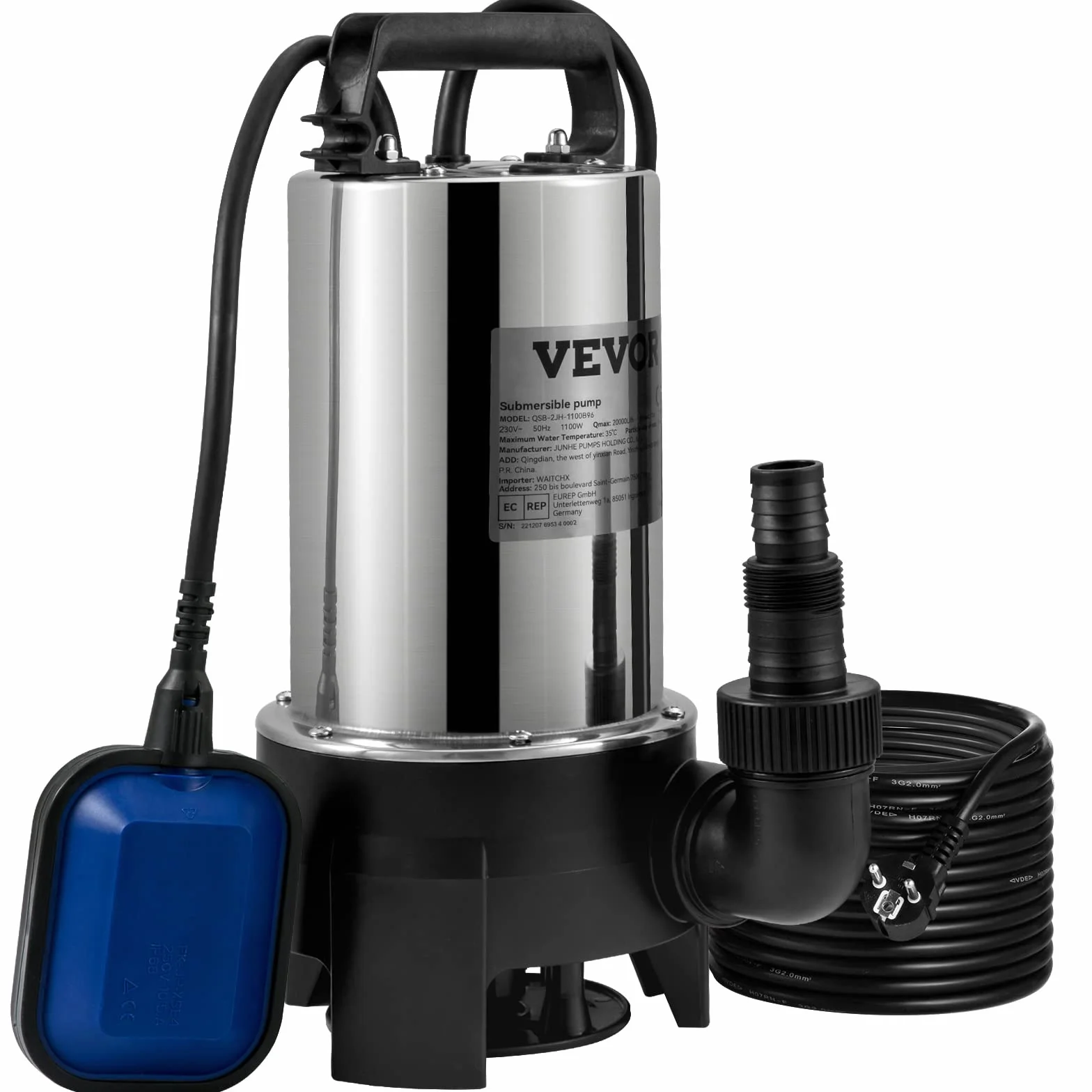 VEVOR Pompe de Relevage Eaux Chargées 1100 W 333,3 L/min Immergée