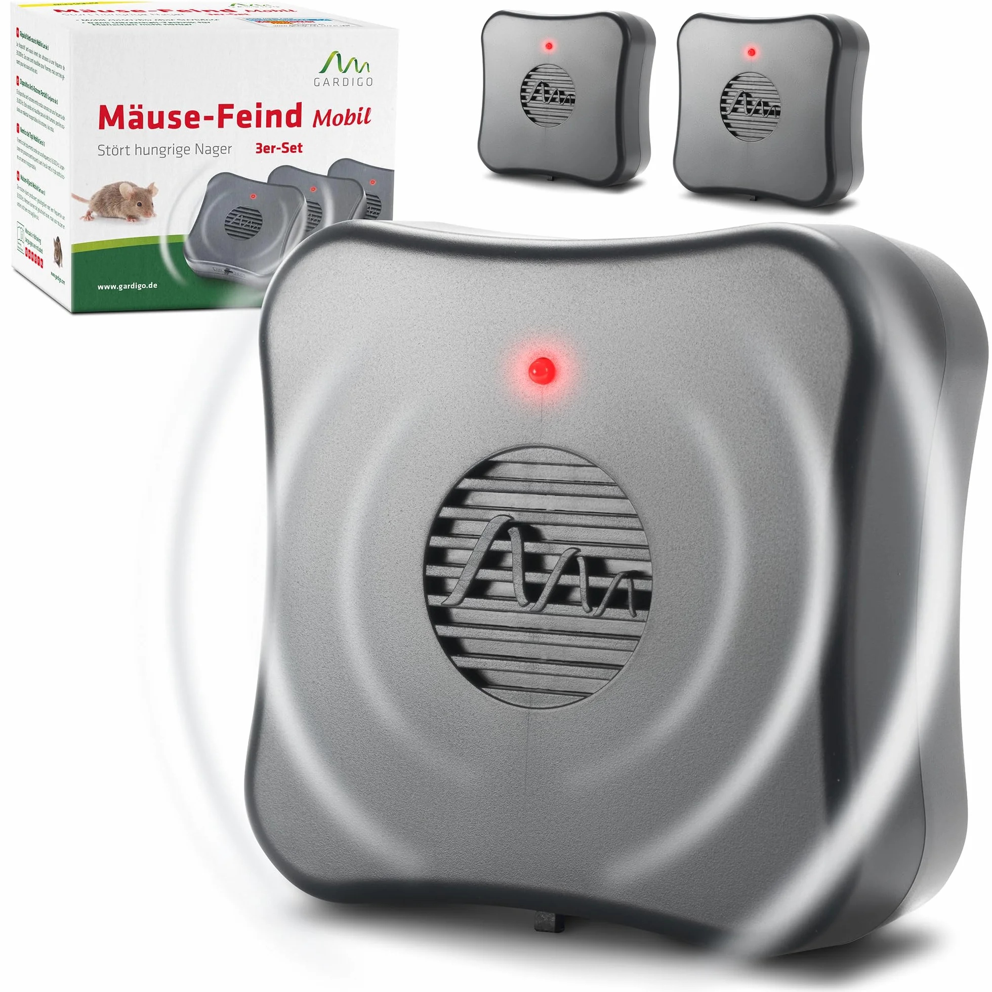Gardigo® Répulsif Ultrason Anti-Souris et Rats Lot de 3 – Dispositif Mobile à Piles sans Produits Chimiques – Portée 40 m² – Anti Rongeur Écologique pour Cave, Grenier, Garage, Entrepôt, Jardin