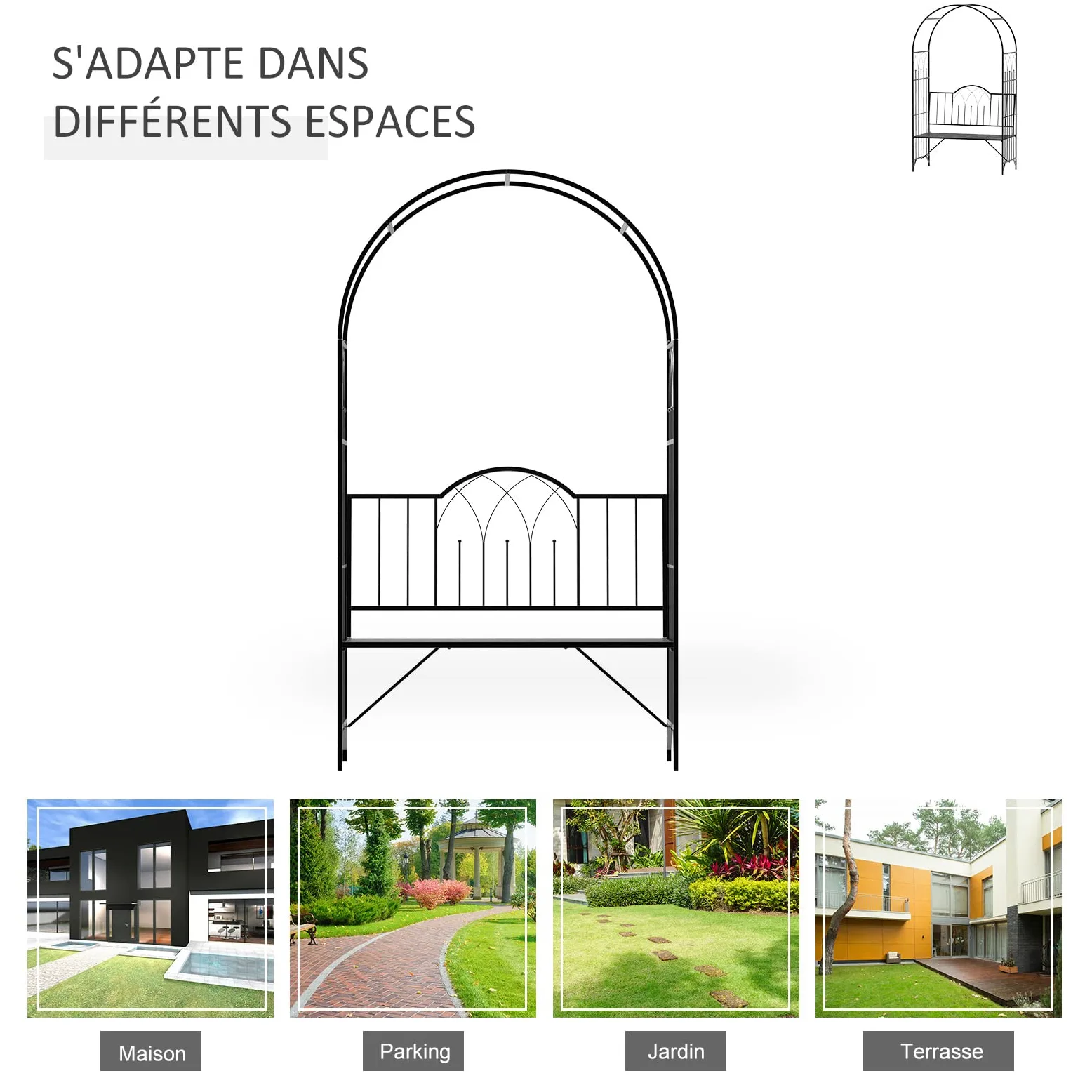 Outsunny Arche à rosiers Banc de Jardin 2 Places 2 en 1 dim. 115L x 59l x 203H cm métal époxy Noir