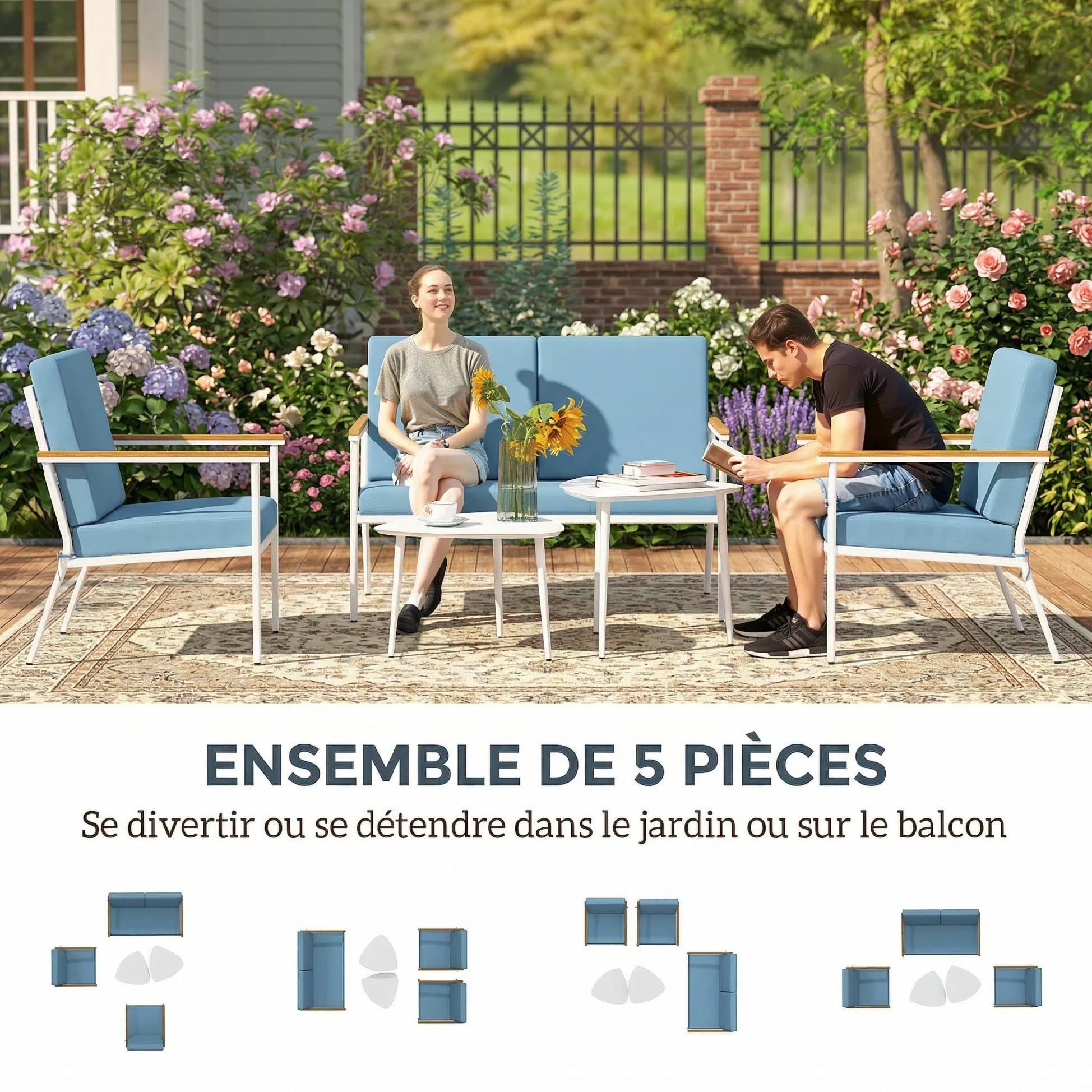 Outsunny Salon de Jardin extérieur 4 Personnes, Salon de Balcon 5 pièces avec canapé, 2 fauteuils et 2 Tables Basses en Verre trempé, Coussins Inclus, mobilier de Jardin Patio terrasse, Bleu Clair