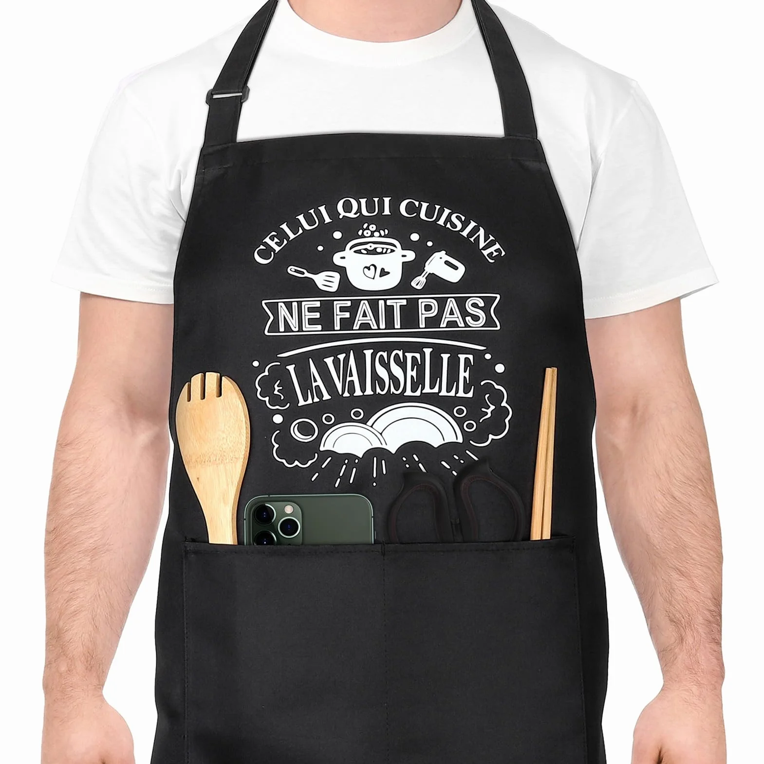 Tablier de Cuisine pour Homme, Tabliers de Cuisine Étanche Réglable Tablier Barbecue avec Poches Idée Cadeau Fête des pères