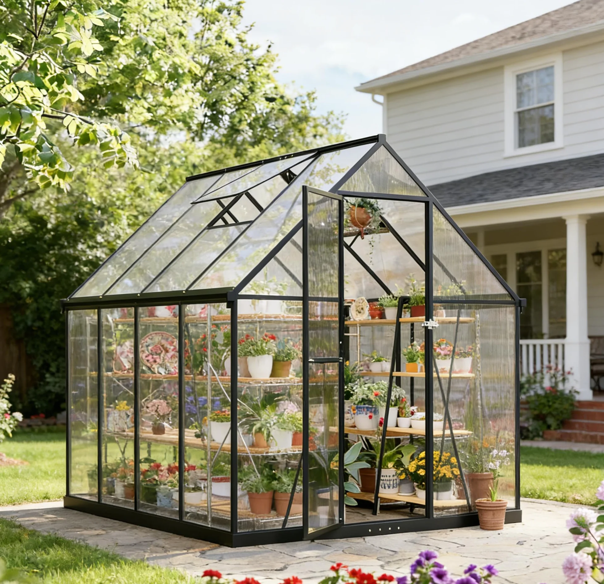 Serre de jardin en polycarbonate de 6 x 10 pieds praticable, maison de plantes de jardin extérieur avec ventilation, porte verrouillable, cadre en aluminium