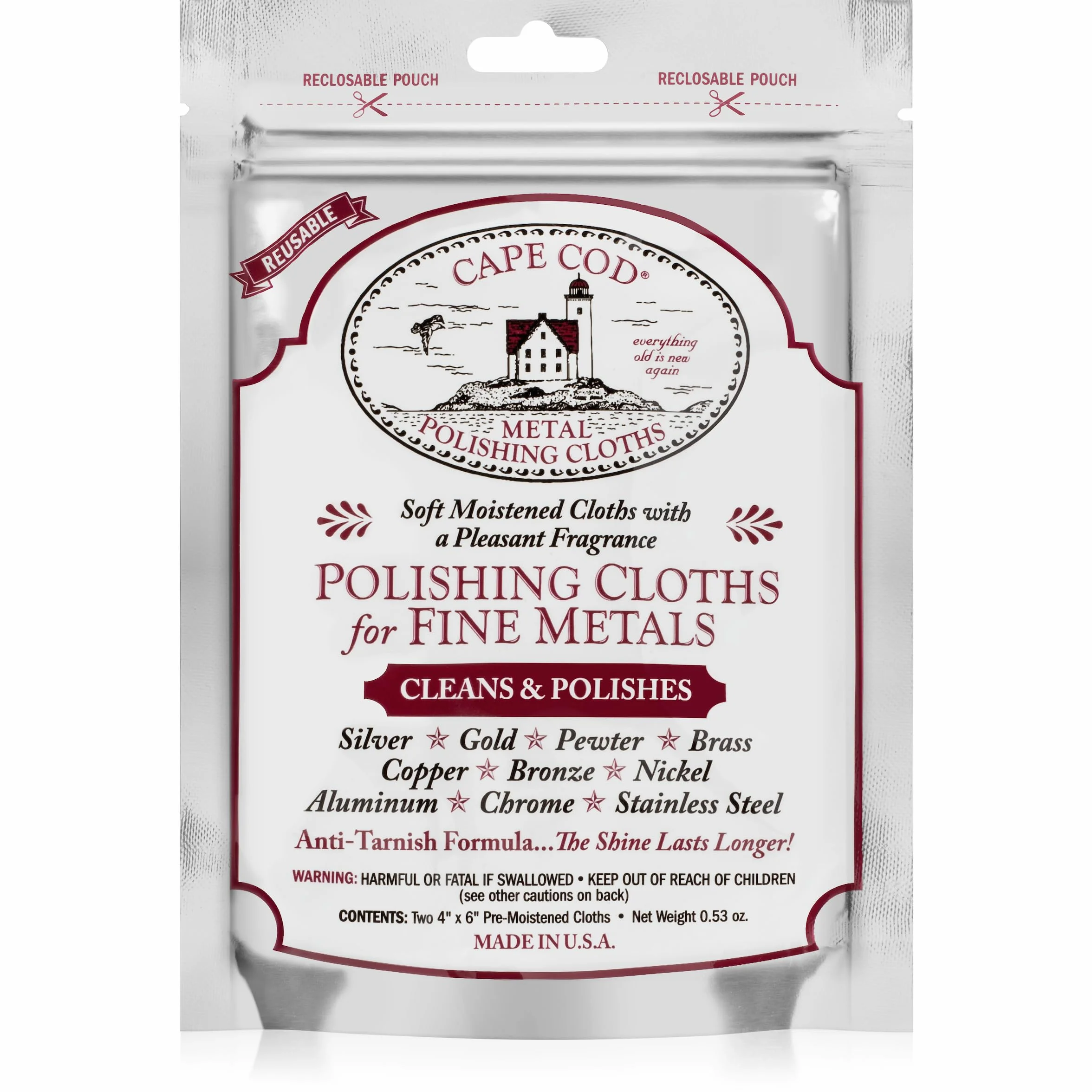 Cape Cod Lingettes de polissage professionnelles pour métaux précieux argent or acier laiton cuivre réutilisables 2 chiffons imprégnés