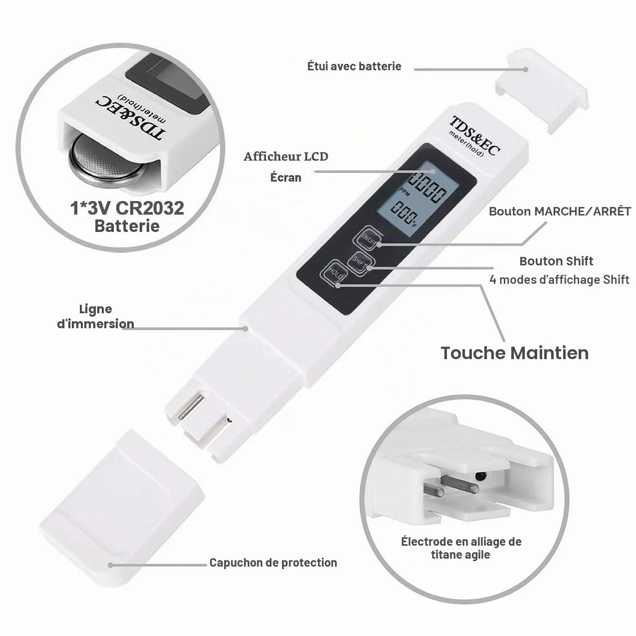 GuDoQi Testeur de Qualité de l'eau, Testeur PH Mètre Électronique, TDS&EC Mètre Température, Auto Calibration, TDS PH EC Température 4 en 1 Set pour Piscine, Aquarium, Aystème RO, Laboratoire