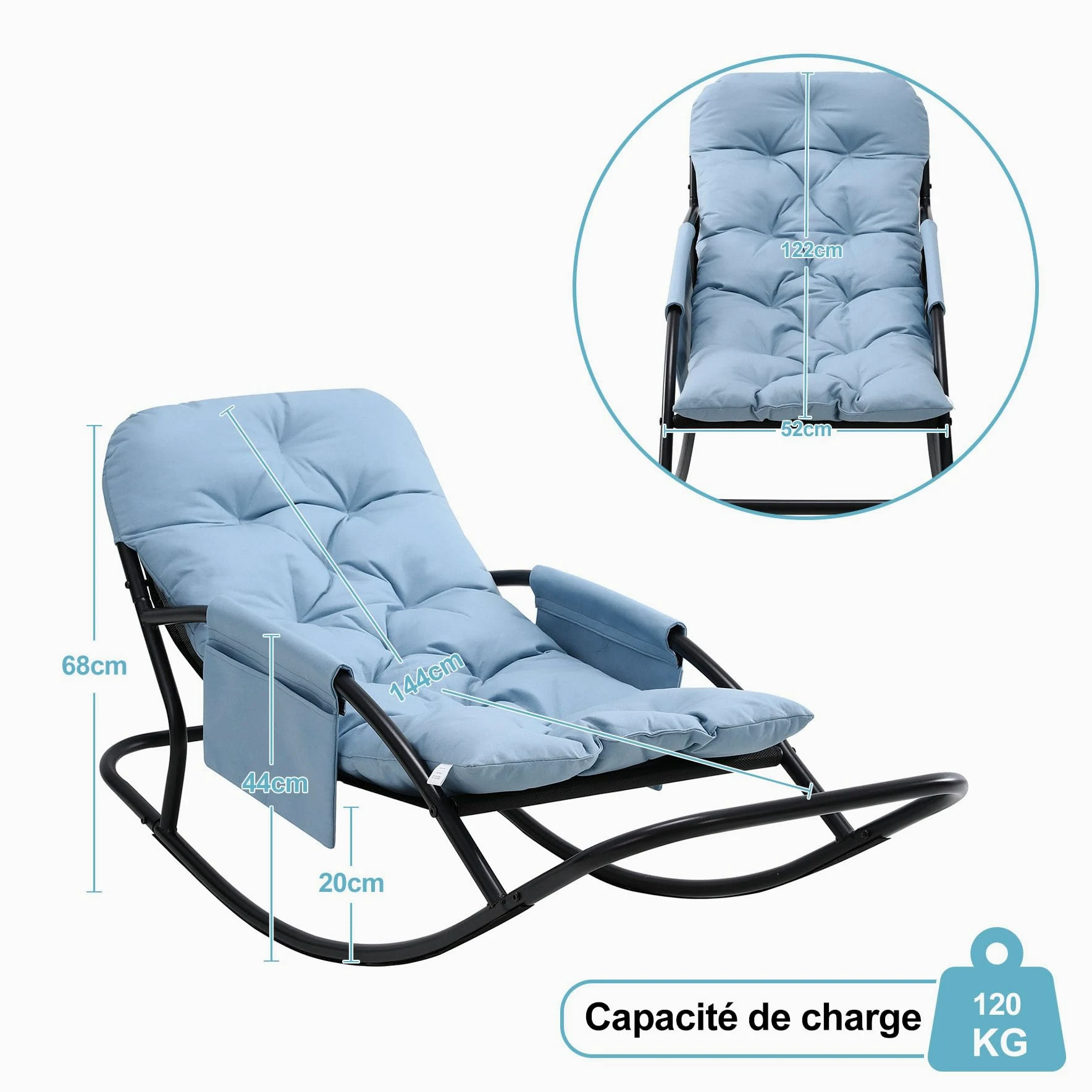 Fauteuil à Bascule Extérieur, Rocking Chair Papasan avec Coussin et Cadre, Cadre en métal Soutien des Pas, pour Chambre, Salon, Terrasse, Jardin,capacité de Charge 120 kg,Tissu Technique