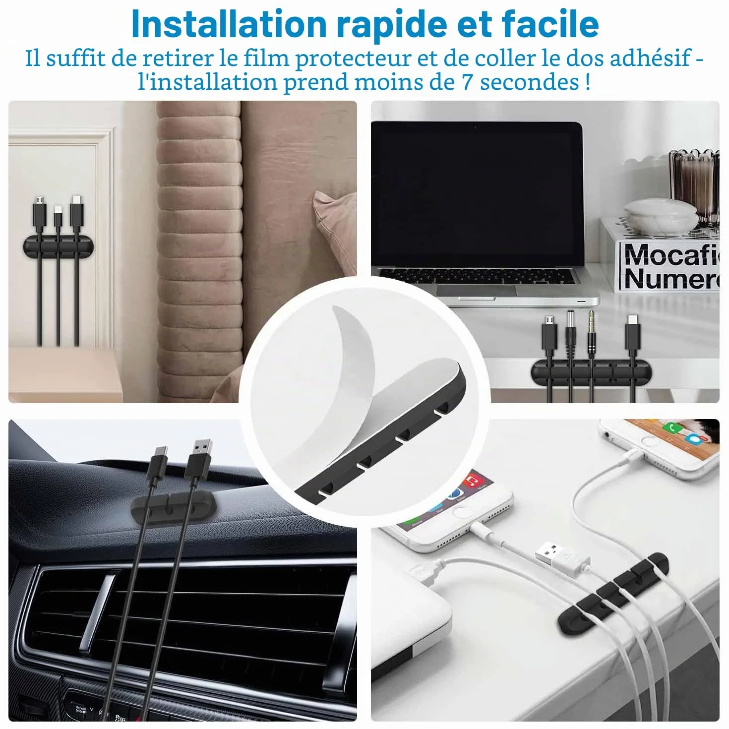 Clips Câble Adhésif en Silicone Différentes Tailles, Attache Cable Adhésif pour Bureau Voiture Maison, Gestion Câbles USB Souris Écouteur