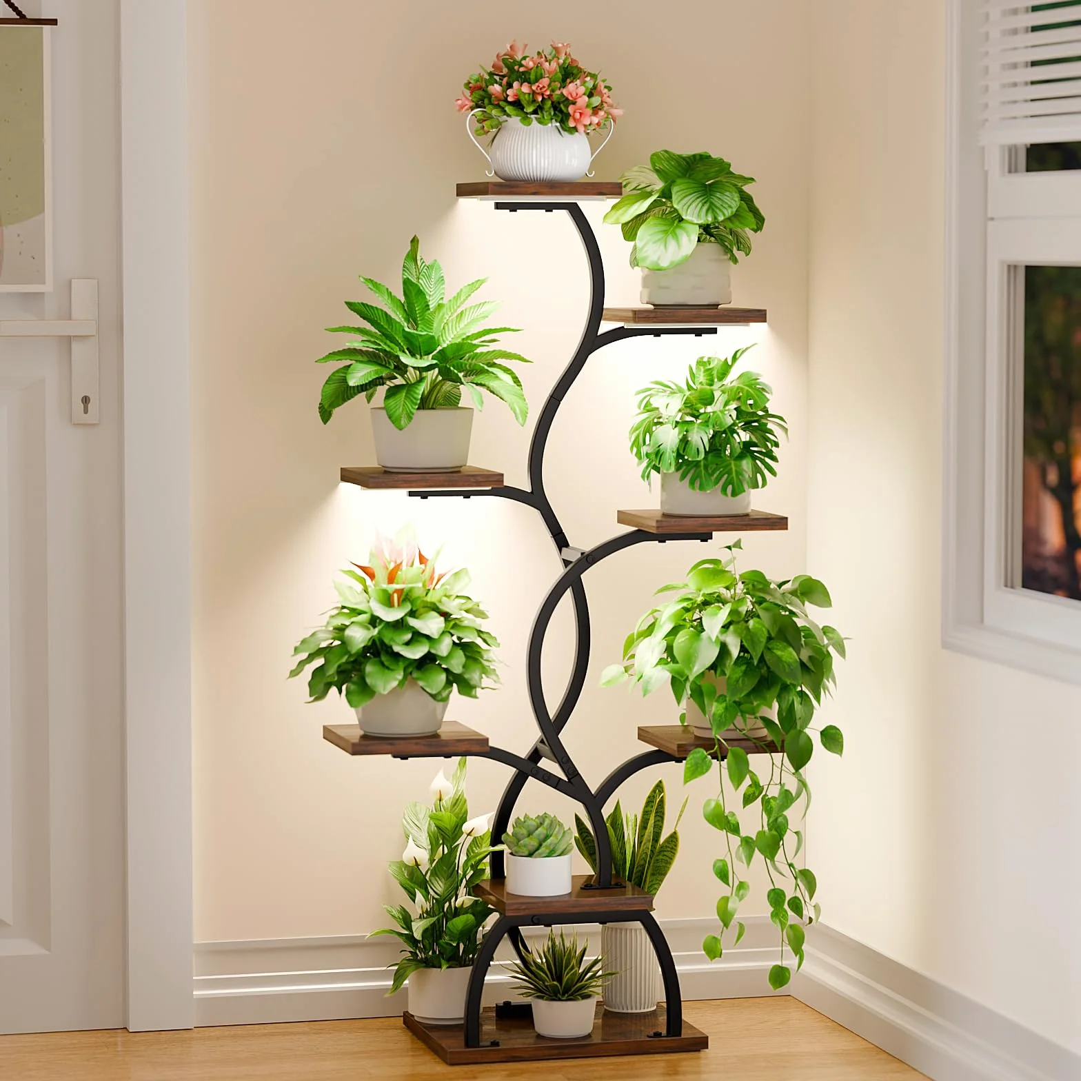 BACEKOLL Support pour plantes avec lumière de croissance 8 niveaux 124 cm Métal Bois Noir