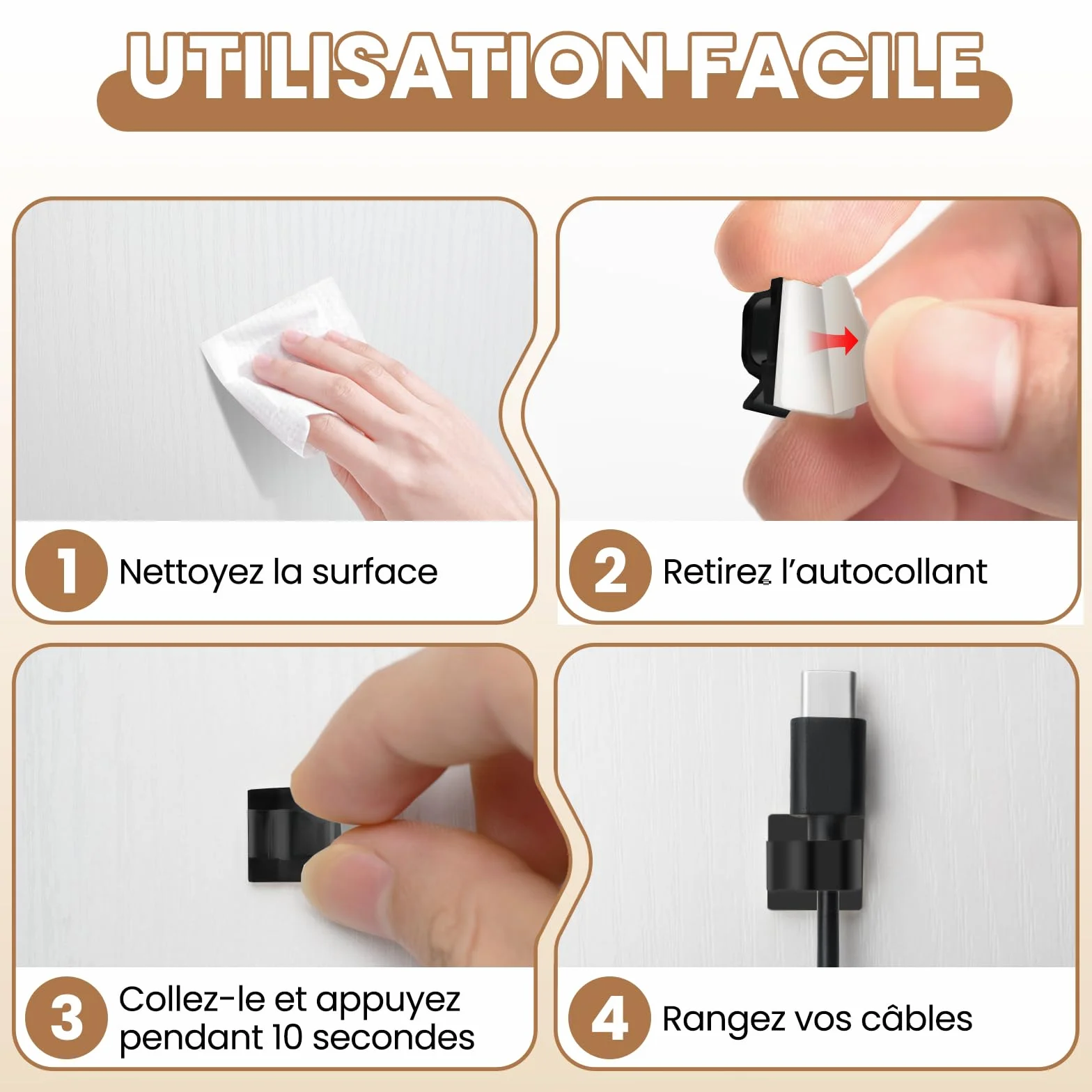 50 Pièces Attache Cable Adhésif, Clip Cable et Accroche Cable – Supports Gestion des Fils et Câbles Électriques, Noire
