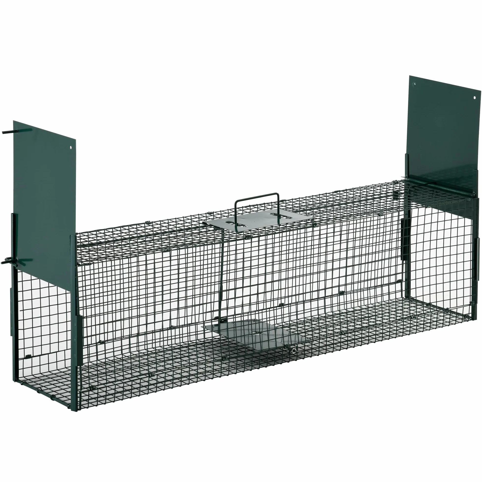 Pawhut Piège Capture Petits Animaux Lapin Rat 2 Entrées Poignée 100x25x28 cm Métal Vert