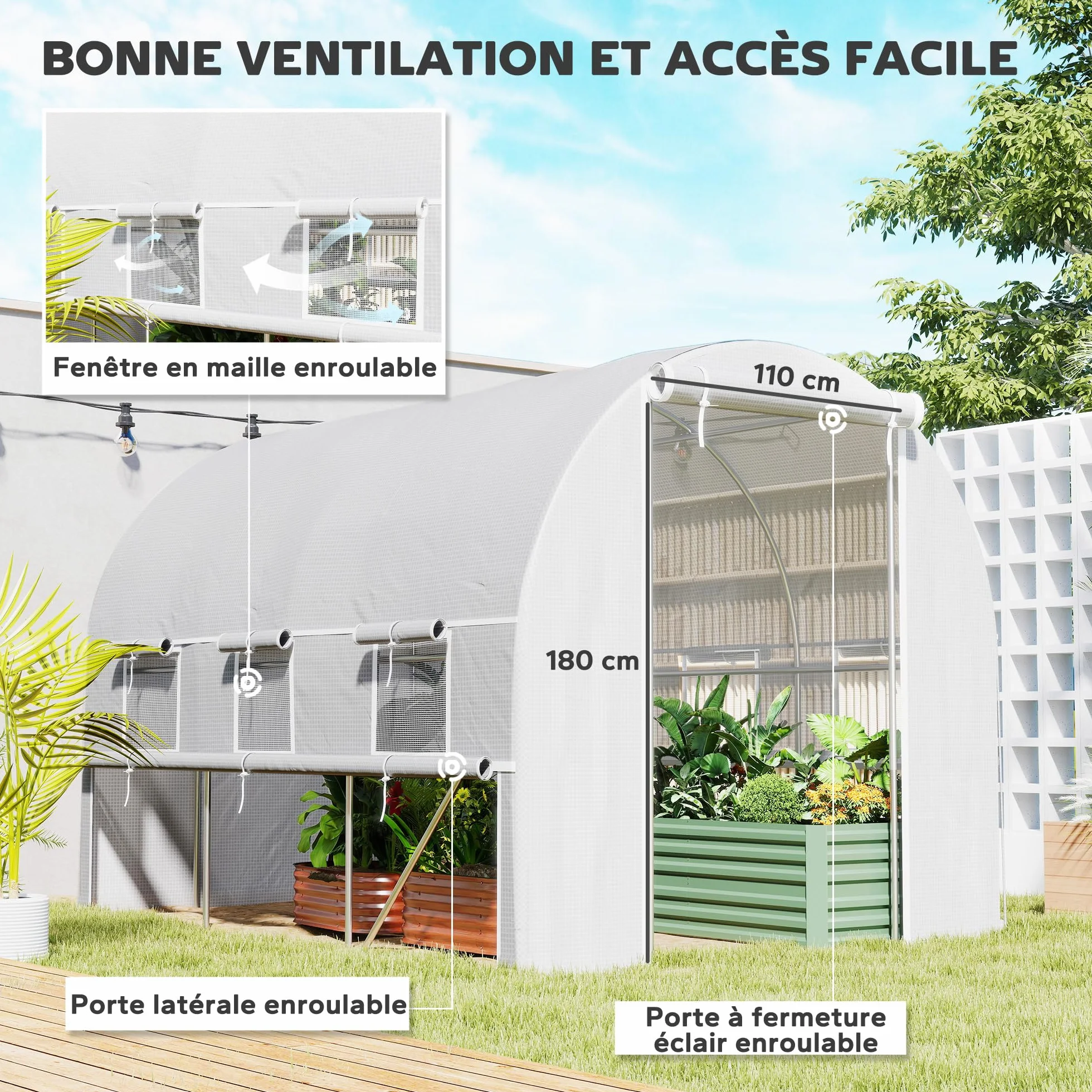 Outsunny Serre de Jardin Tunnel, Serre Tunnel 6 m² avec 6 fenêtres et 1 Porte Enroulable, Toile PE Structure en Acier galvanisé, Blanc