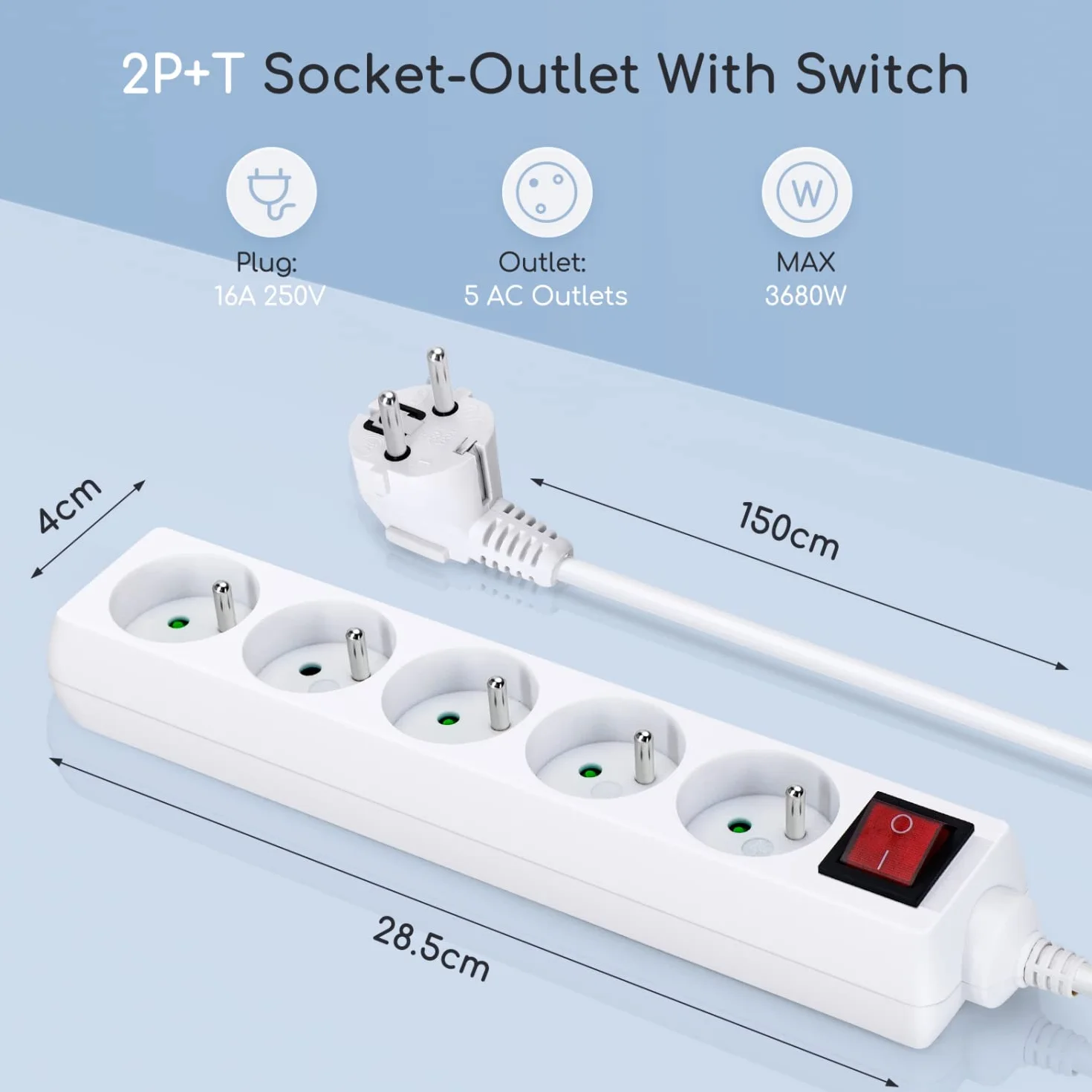 Aigostar Multiprise 5 Prises avec Interrupteur 2P+T 1.5 Mètre 16A 250V Blanc Sécurité Enfant