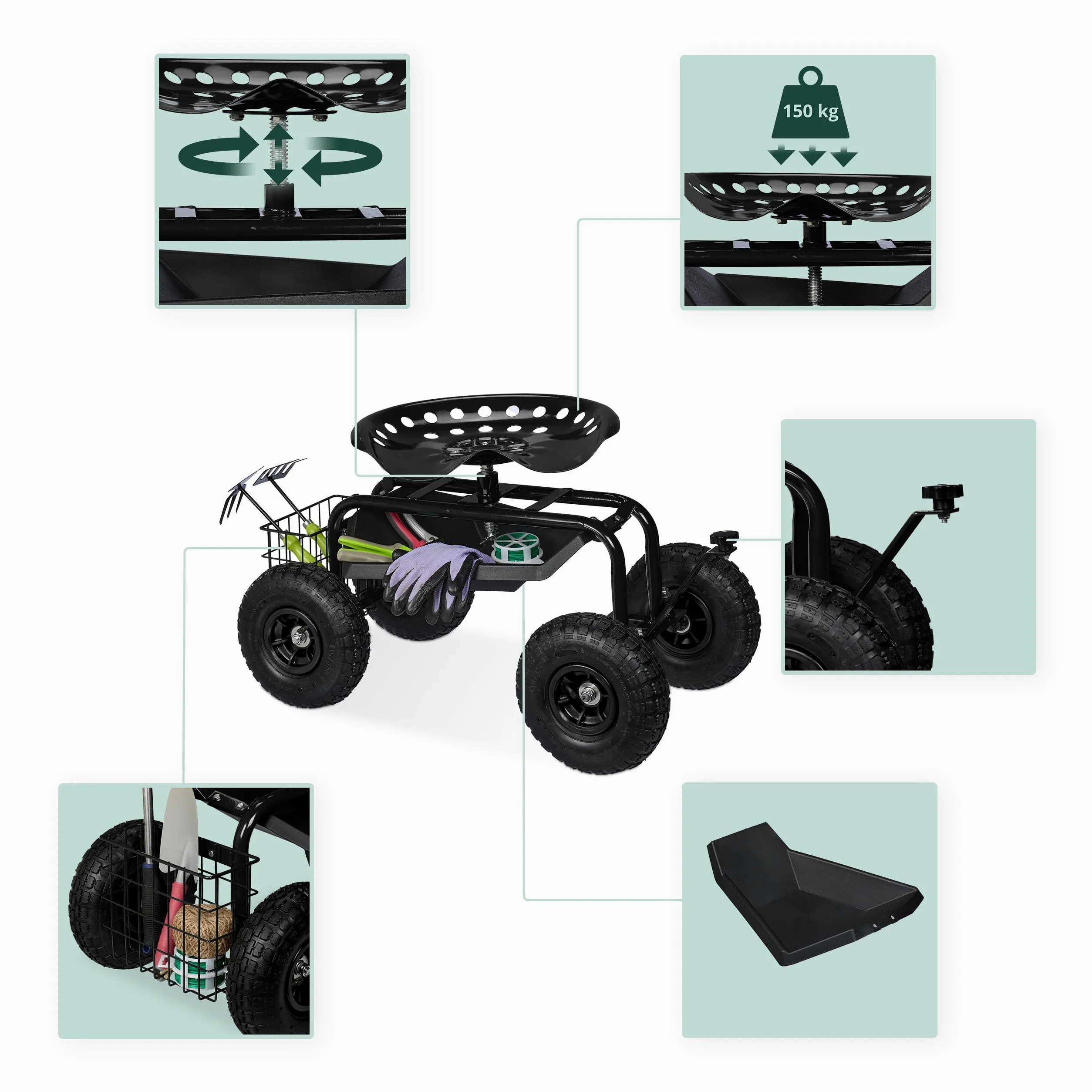 Relaxdays Siège Roulant de Jardin, réglable en Hauteur, 150 kg, Accessoire Jardinage, 4 Roues, Noir