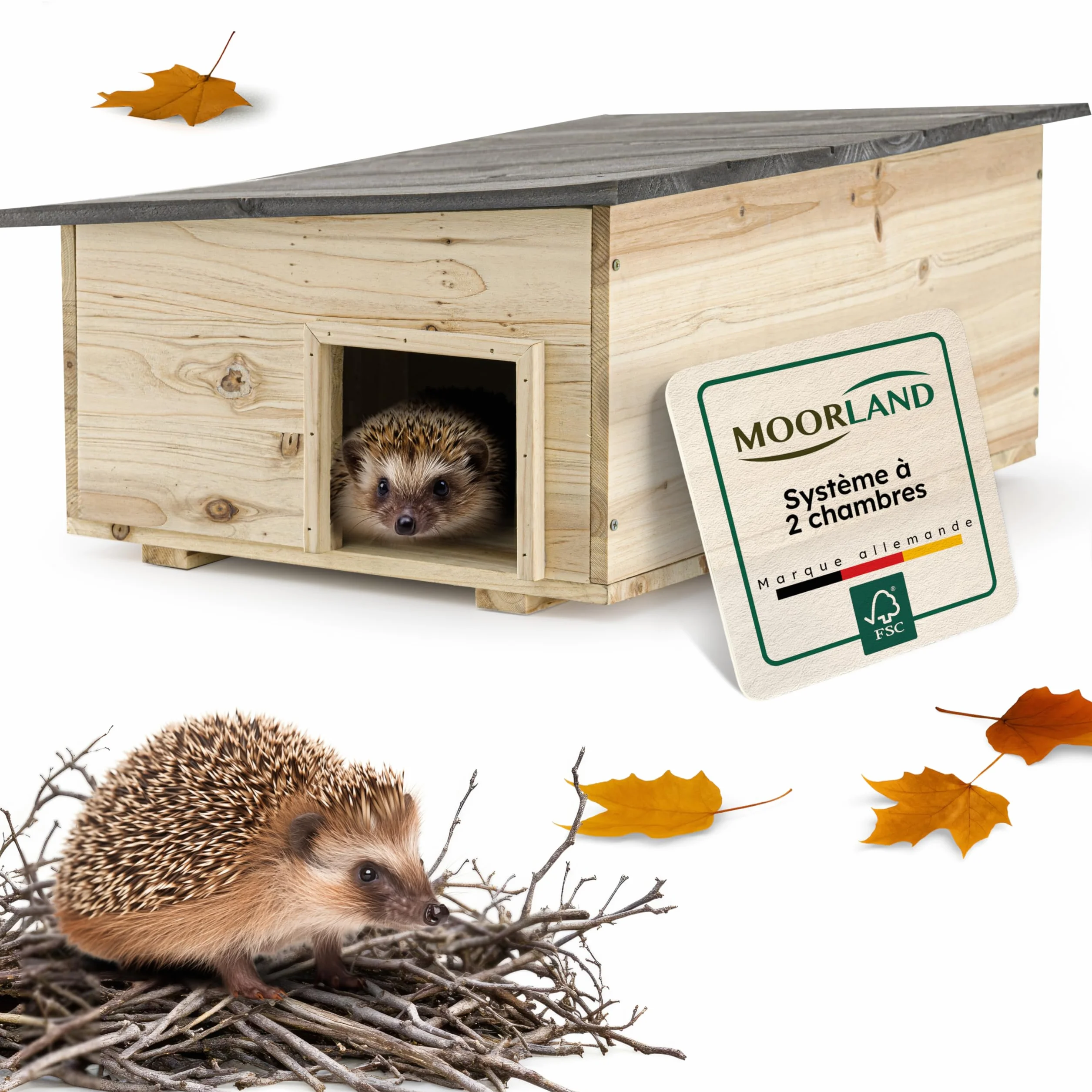 Moorland Cabane pour Hérissons en Bois FSC 54×38 cm – Maison Herisson Extérieur avec Toit Amovible Anthracite & Entrée Labyrinthe – Modèle IH5