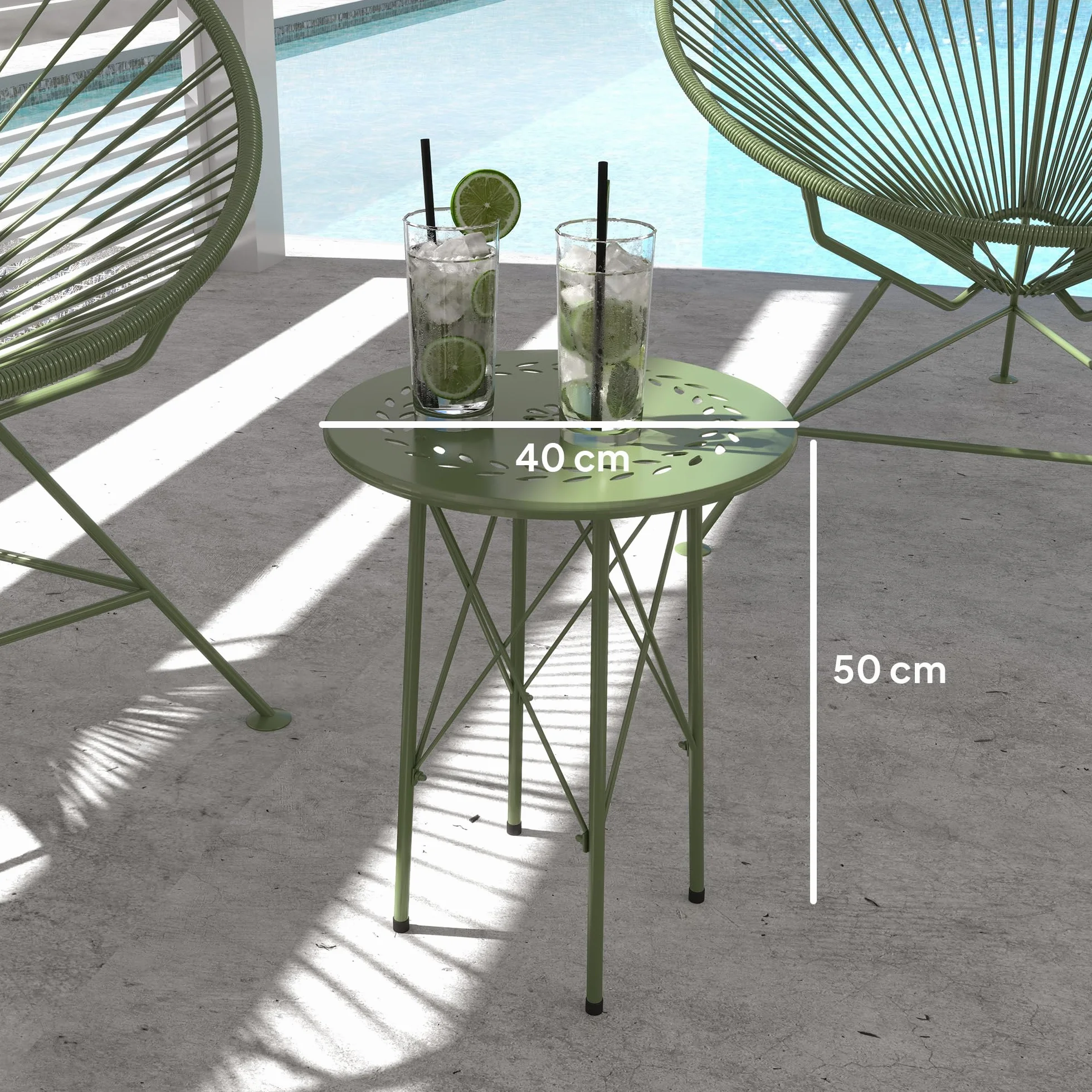 Outsunny Petite Table d'appoint Ronde de Jardin en Acier Vert avec découpe Fleur Feuilles