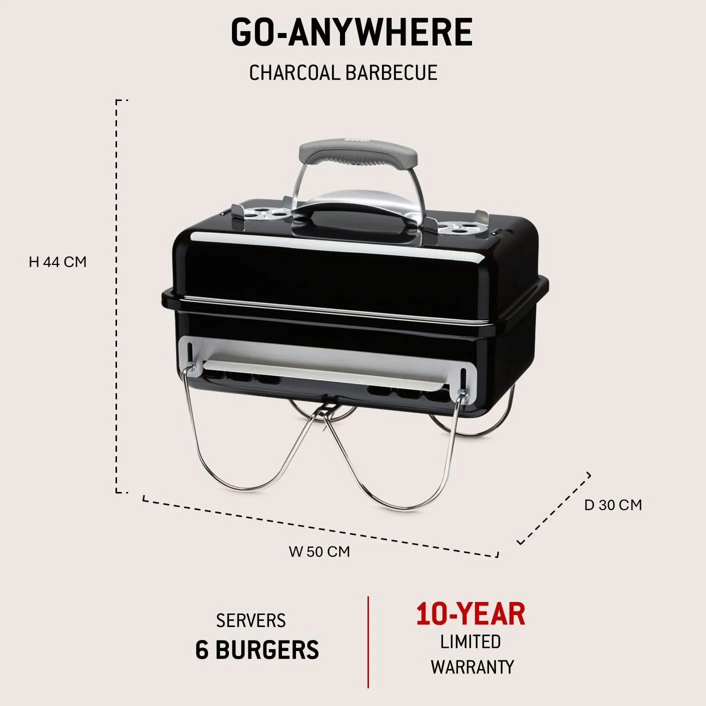 Weber Barbecue au Charbon Go-Anywhere Portable, Pieds Repliables, Design Compact, 42x26 cm, Noir